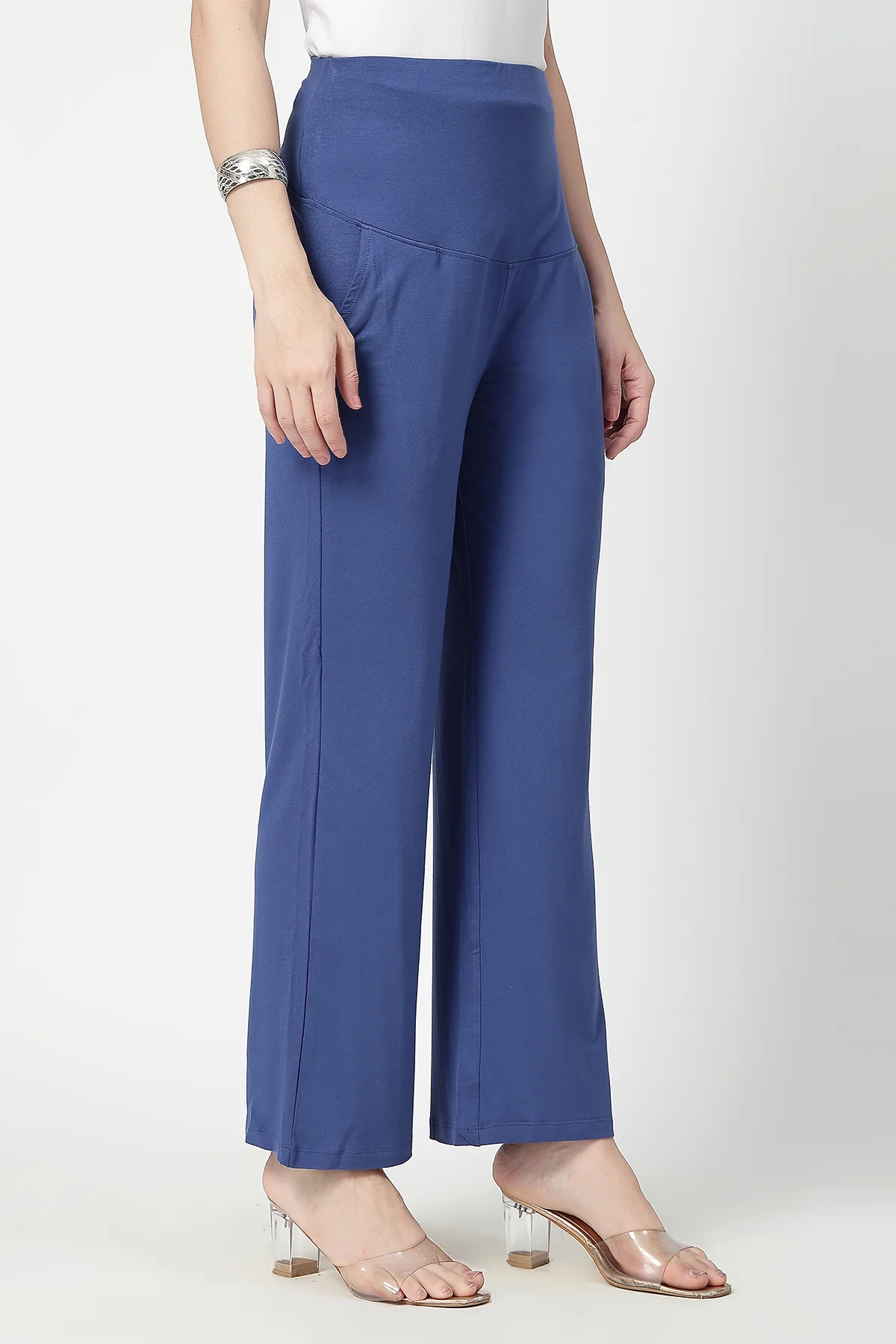Flared High Waist Maternity Pants with Pockets - Denim Blue - Image 5