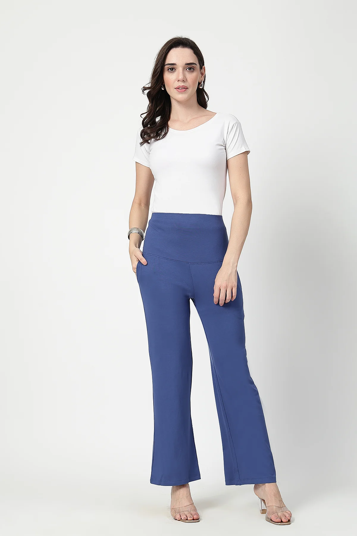 Flared High Waist Maternity Pants with Pockets - Denim Blue - Image 6