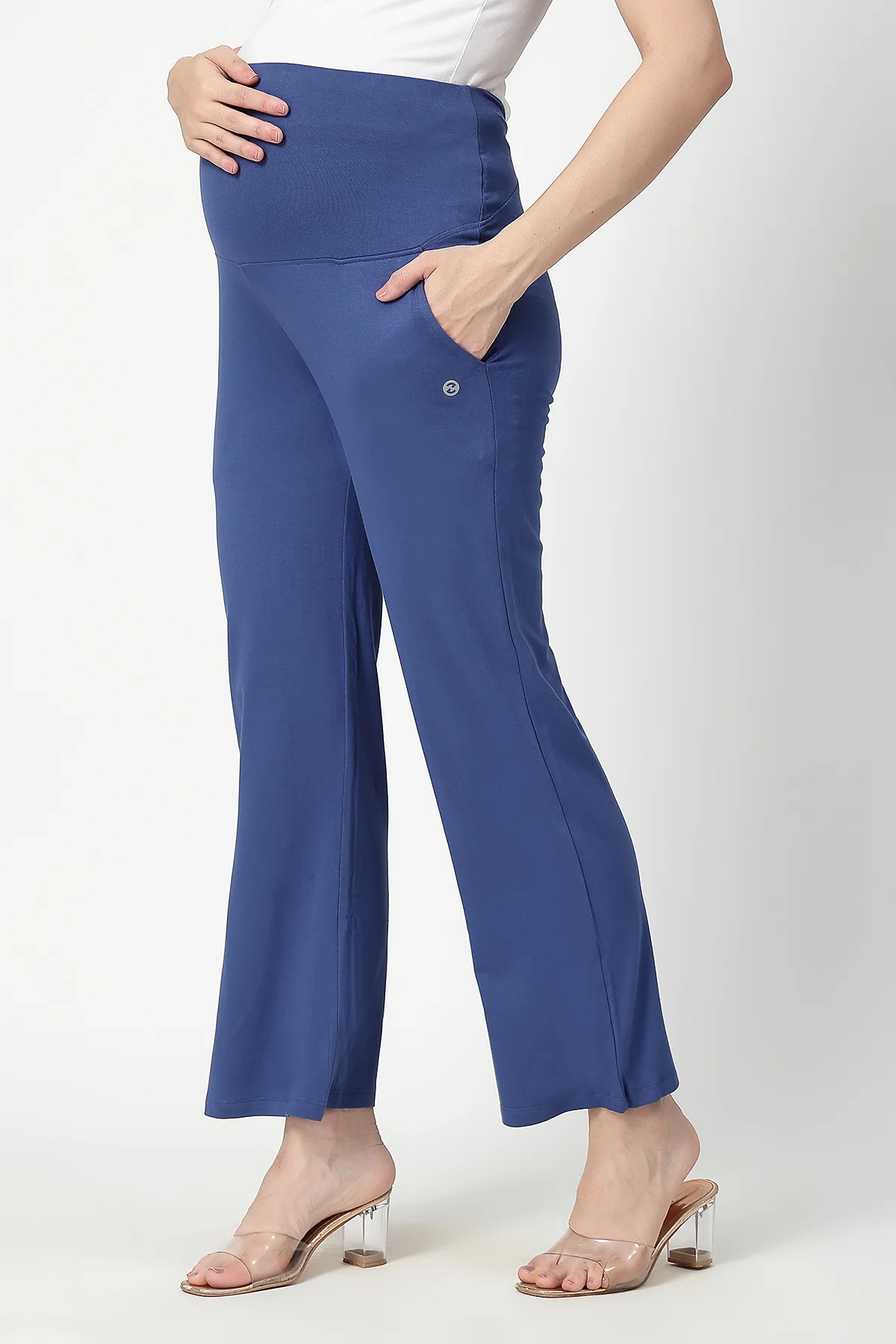 Flared High Waist Maternity Pants with Pockets - Denim Blue - Image 7
