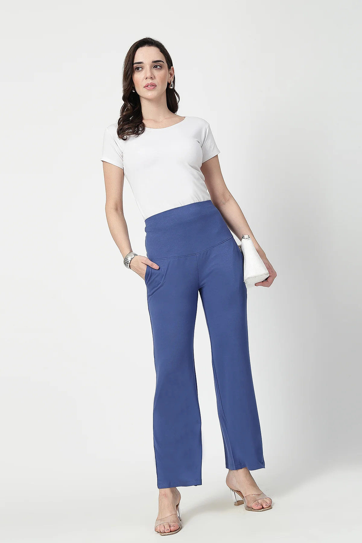 Flared High Waist Maternity Pants with Pockets - Denim Blue - Image 9
