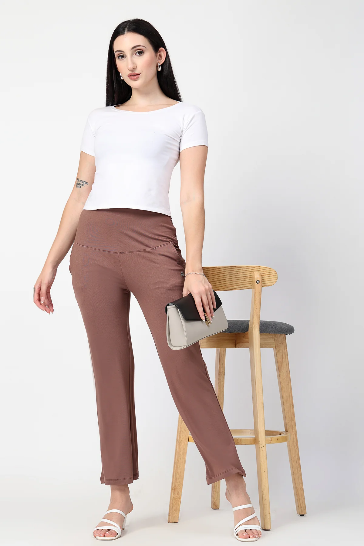 Flared High Waist Maternity Pants with Pockets - Mocha - Image 10