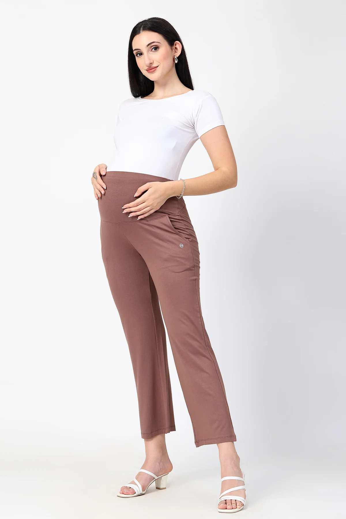 Flared High Waist Maternity Pants with Pockets - Mocha - Image 11