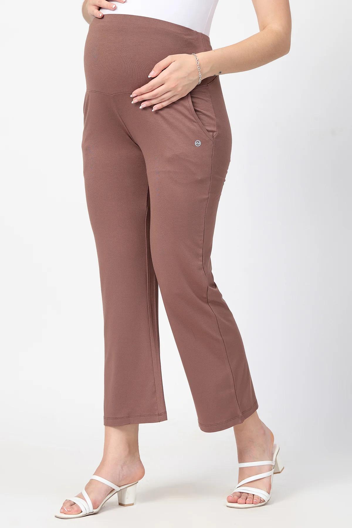 Flared High Waist Maternity Pants with Pockets - Mocha - Image 4