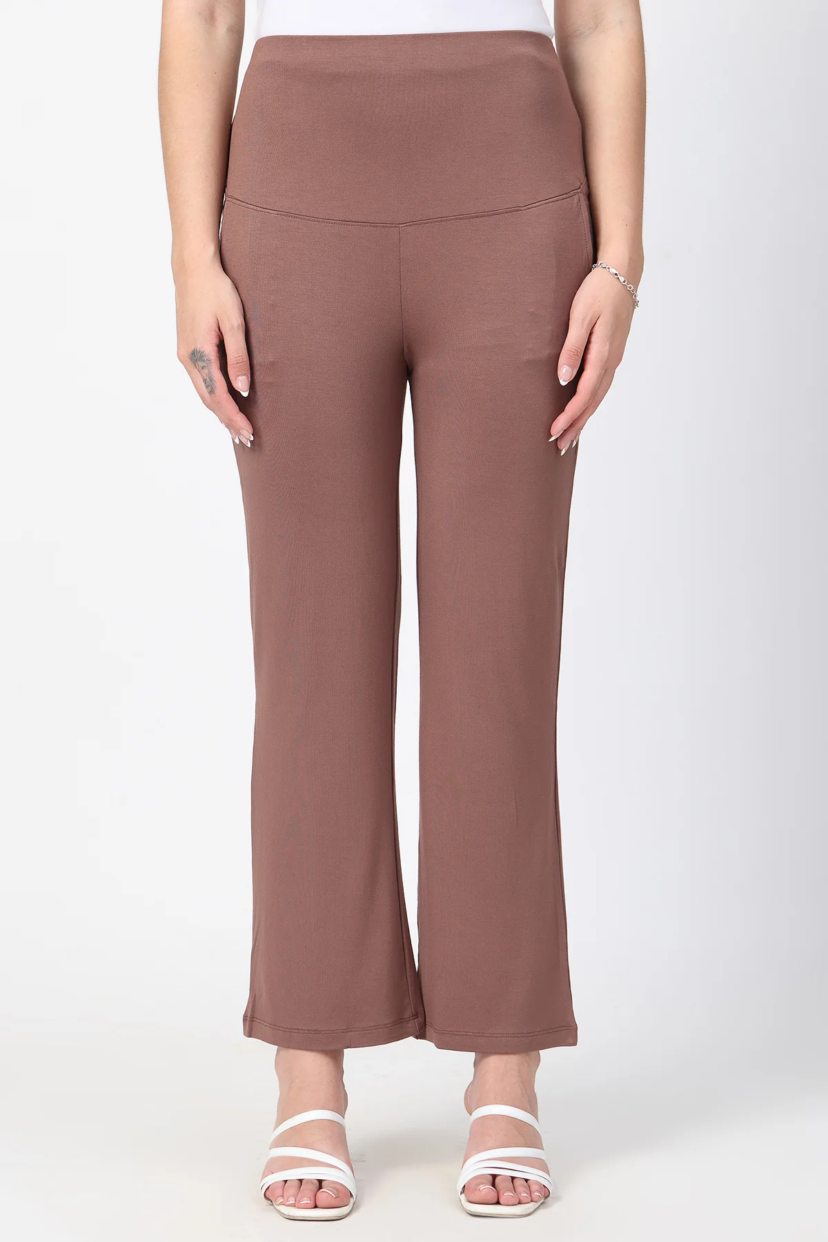 Flared High Waist Maternity Pants with Pockets - Mocha - Image 6