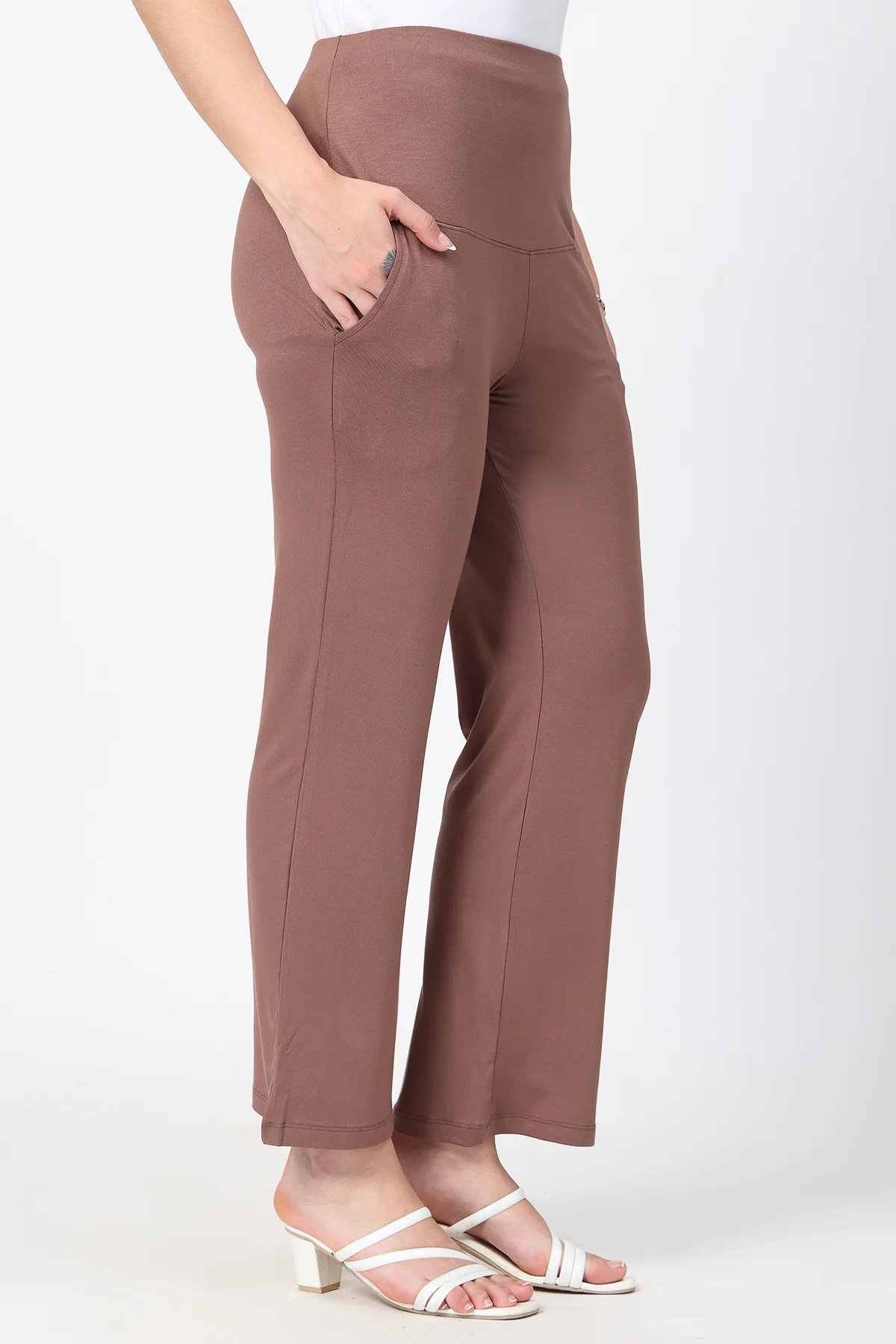 Flared High Waist Maternity Pants with Pockets - Mocha - Image 7