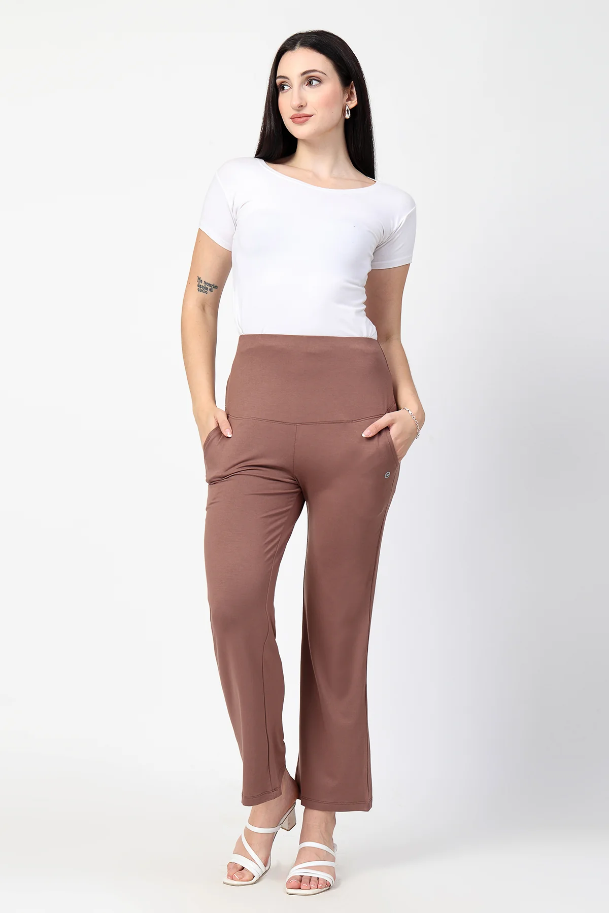 Flared High Waist Maternity Pants with Pockets - Mocha - Image 8