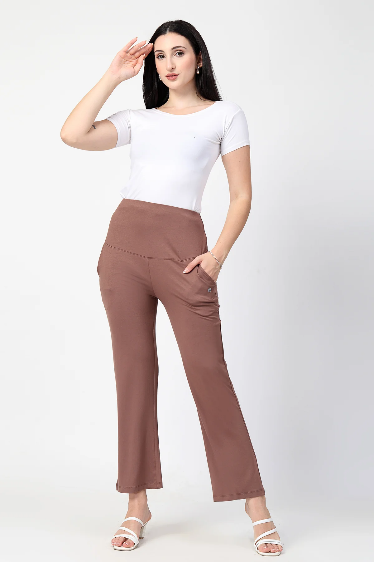 Flared High Waist Maternity Pants with Pockets - Mocha - Image 9