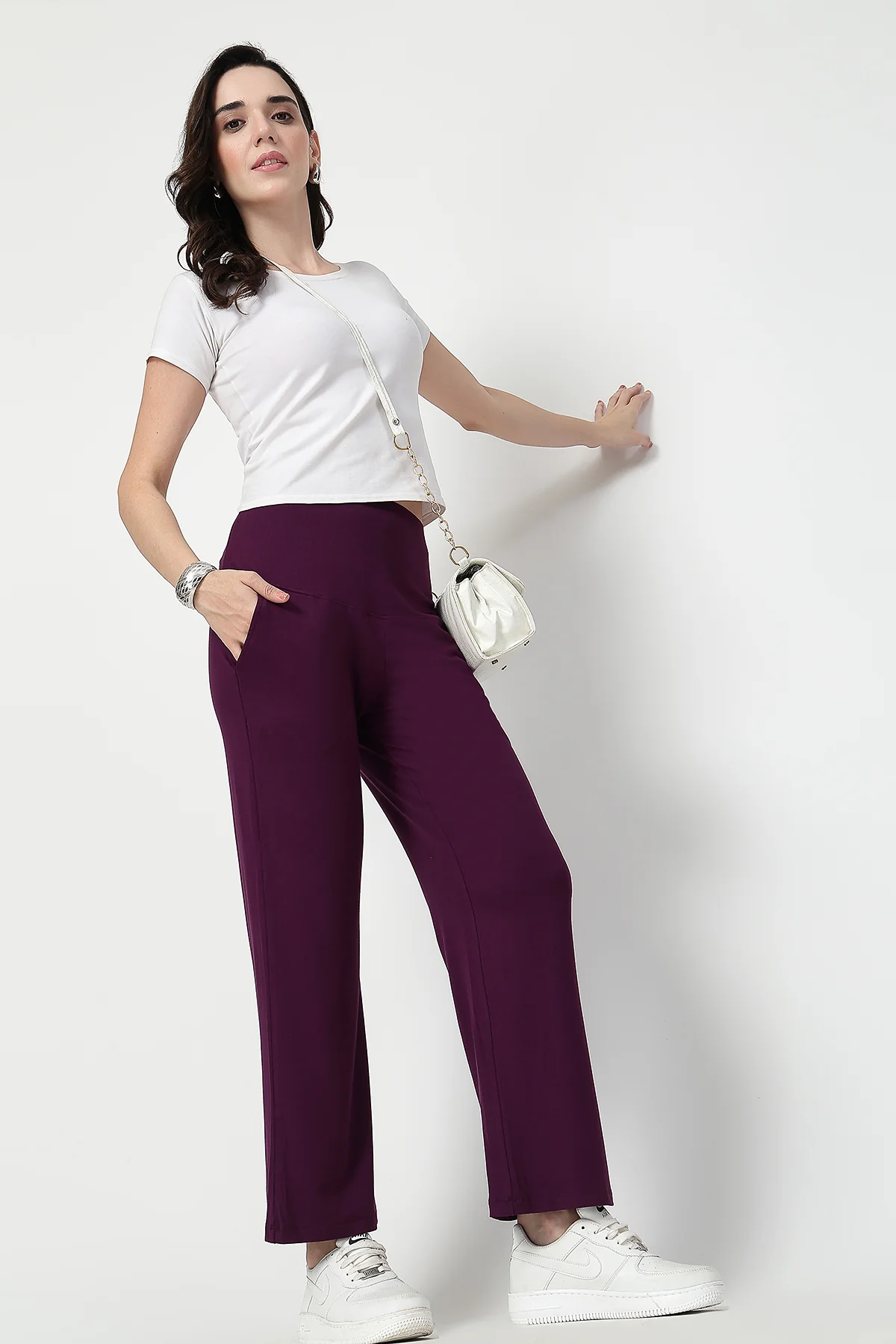Flared High Waist Maternity Pants with Pockets - Plum - Image 10