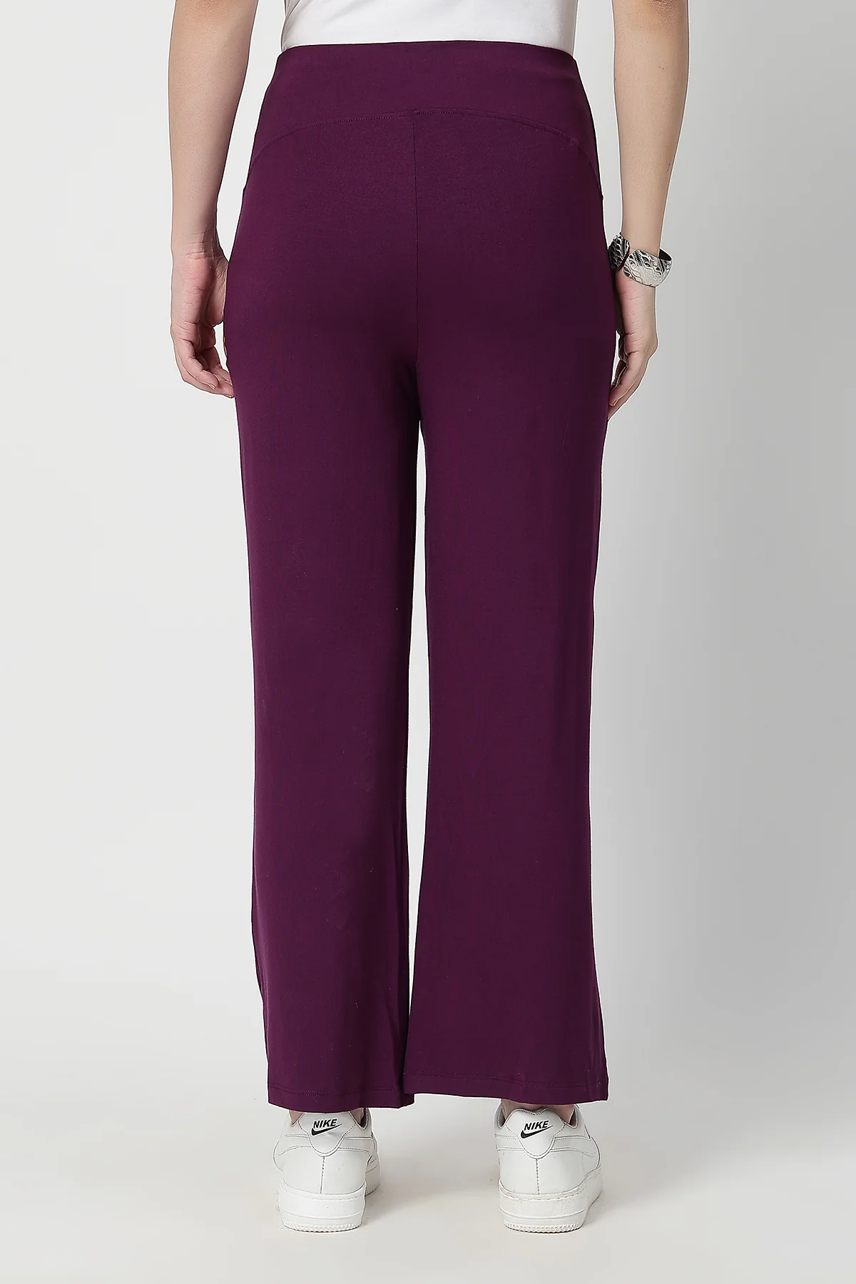 Flared High Waist Maternity Pants with Pockets - Plum - Image 3