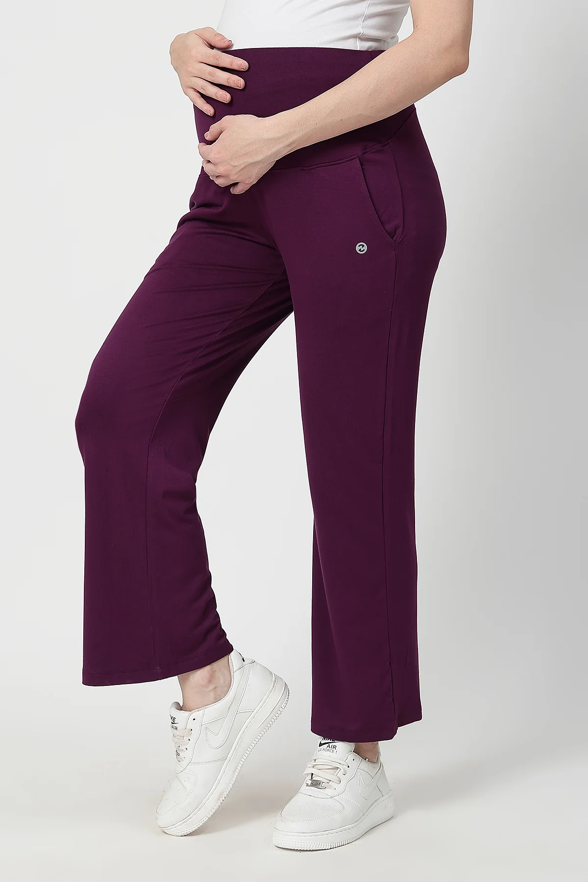 Flared High Waist Maternity Pants with Pockets - Plum - Image 4