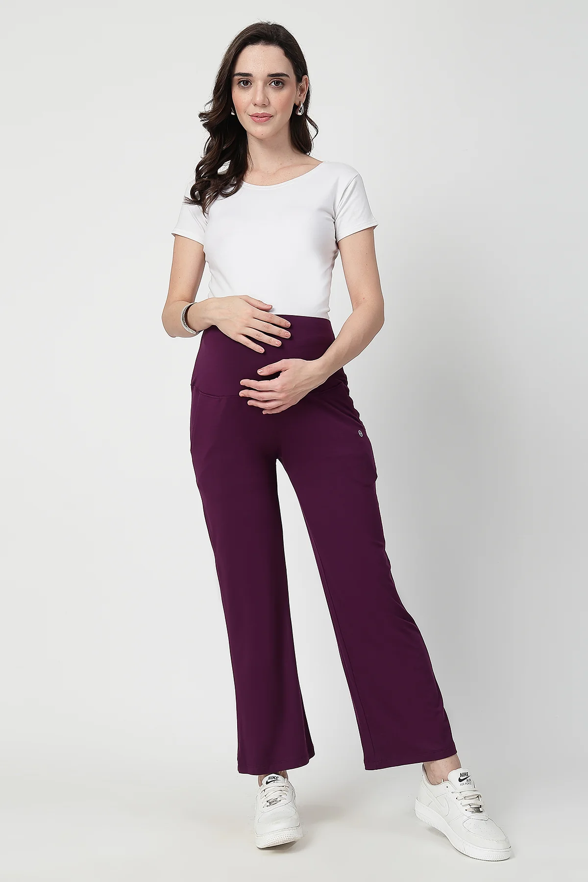 Flared High Waist Maternity Pants with Pockets - Plum - Image 5