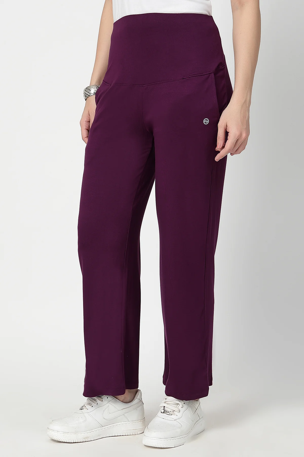 Flared High Waist Maternity Pants with Pockets - Plum - Image 6