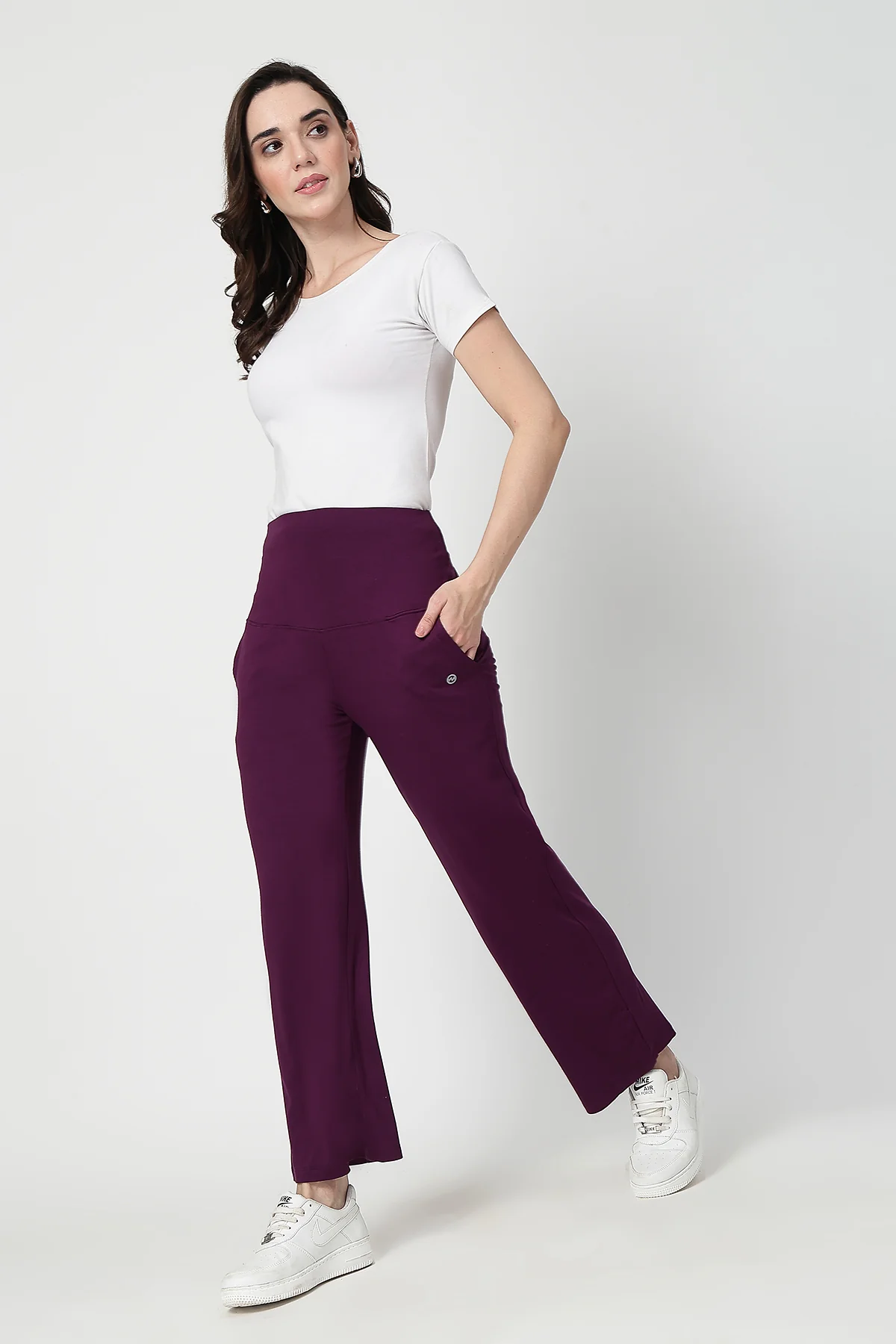 Flared High Waist Maternity Pants with Pockets - Plum - Image 7