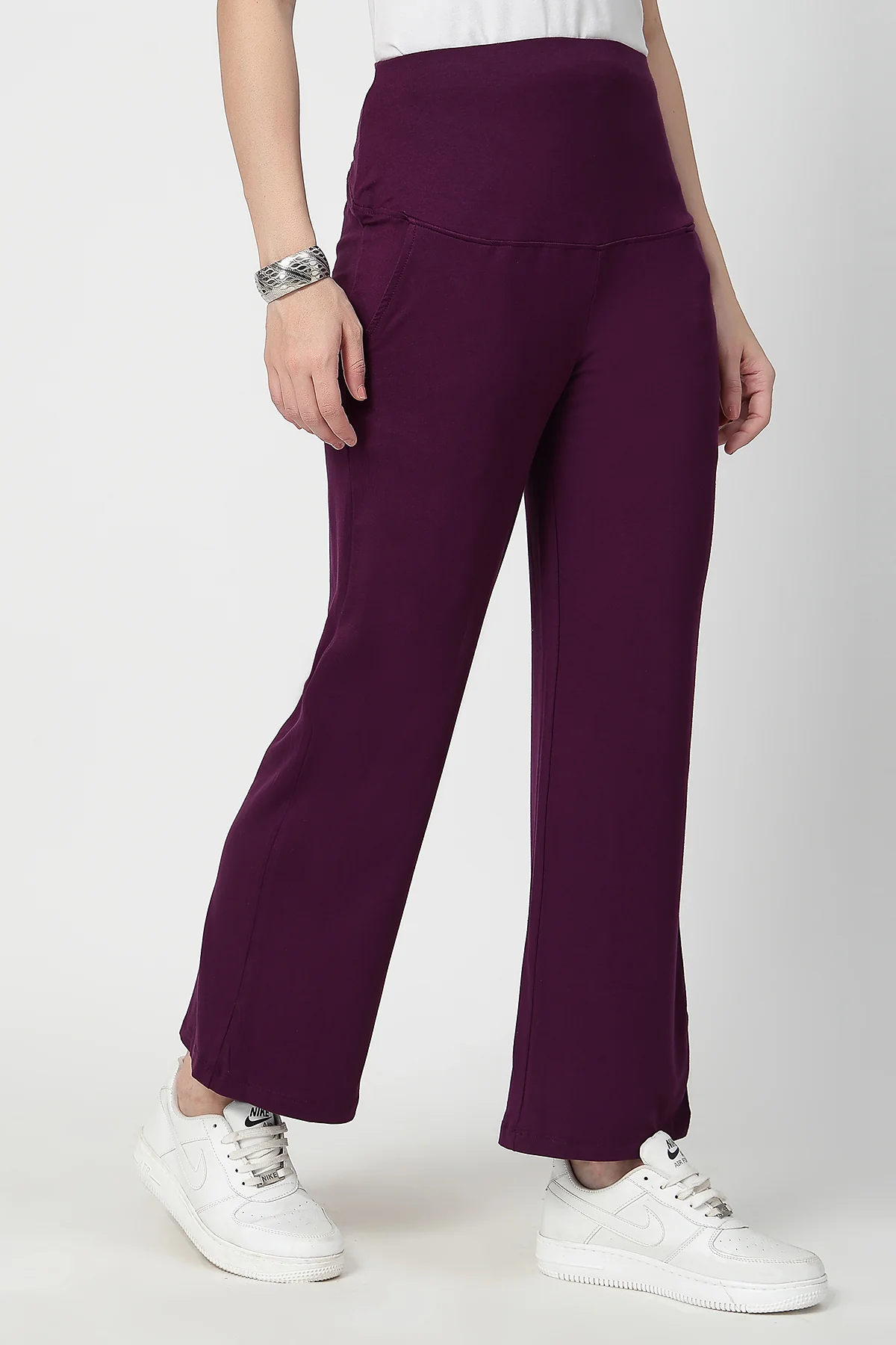 Flared High Waist Maternity Pants with Pockets - Plum - Image 8