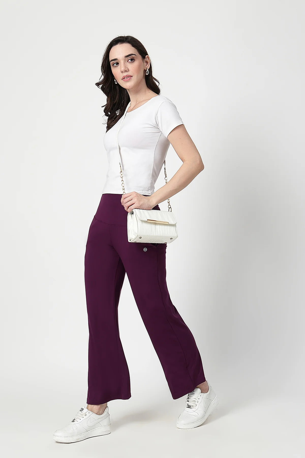 Flared High Waist Maternity Pants with Pockets - Plum - Image 9