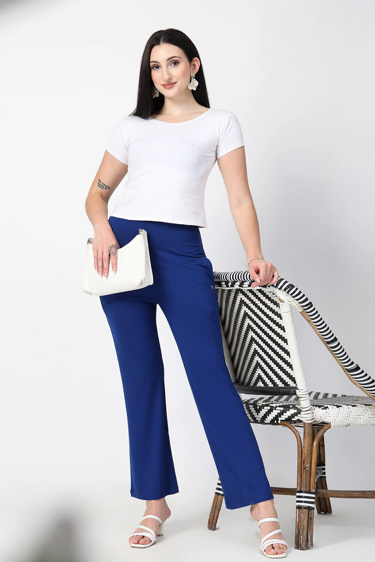 Flared High Waist Maternity Pants with Pockets - Royal Blue - Image 5