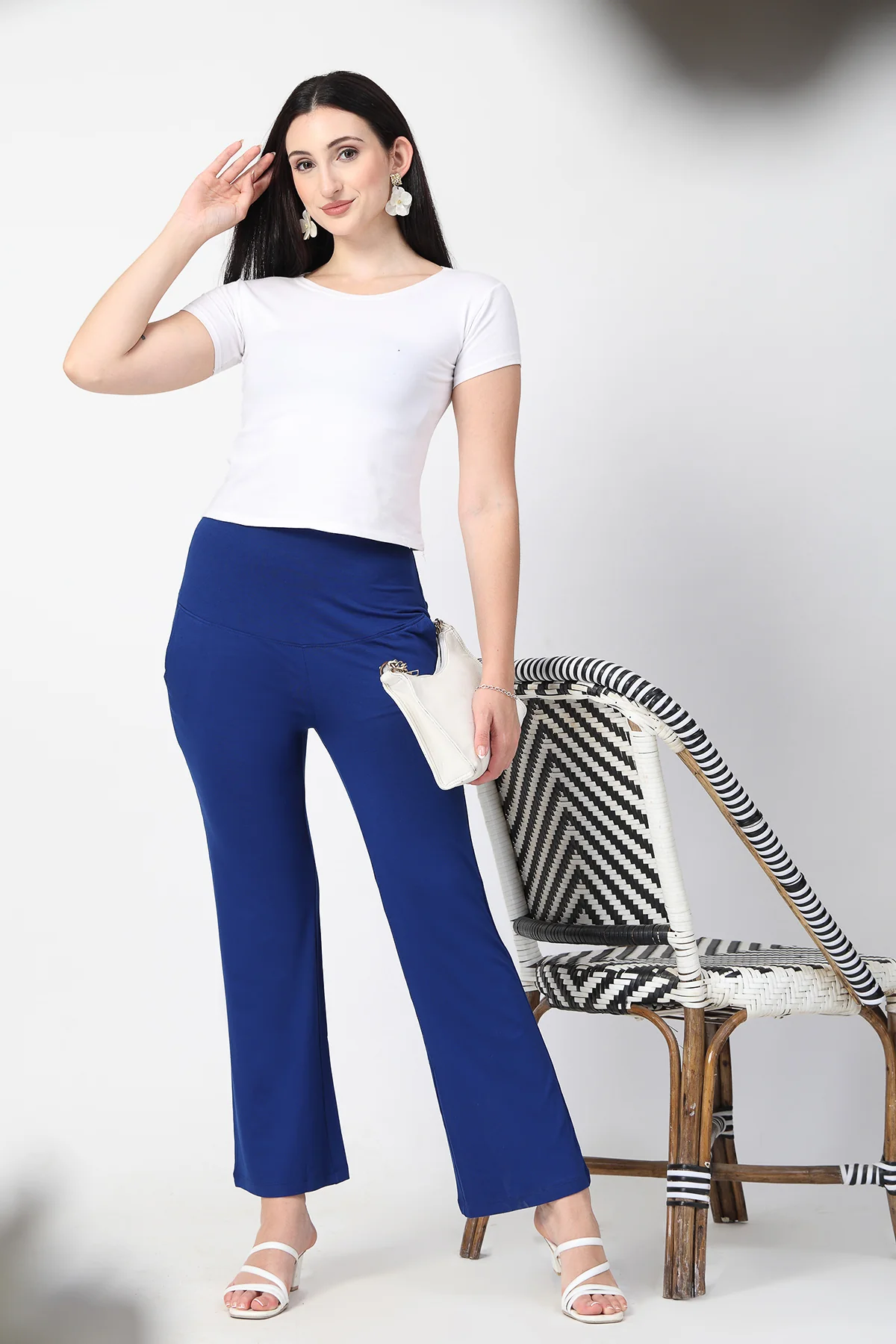 Flared High Waist Maternity Pants with Pockets - Royal Blue - Image 6