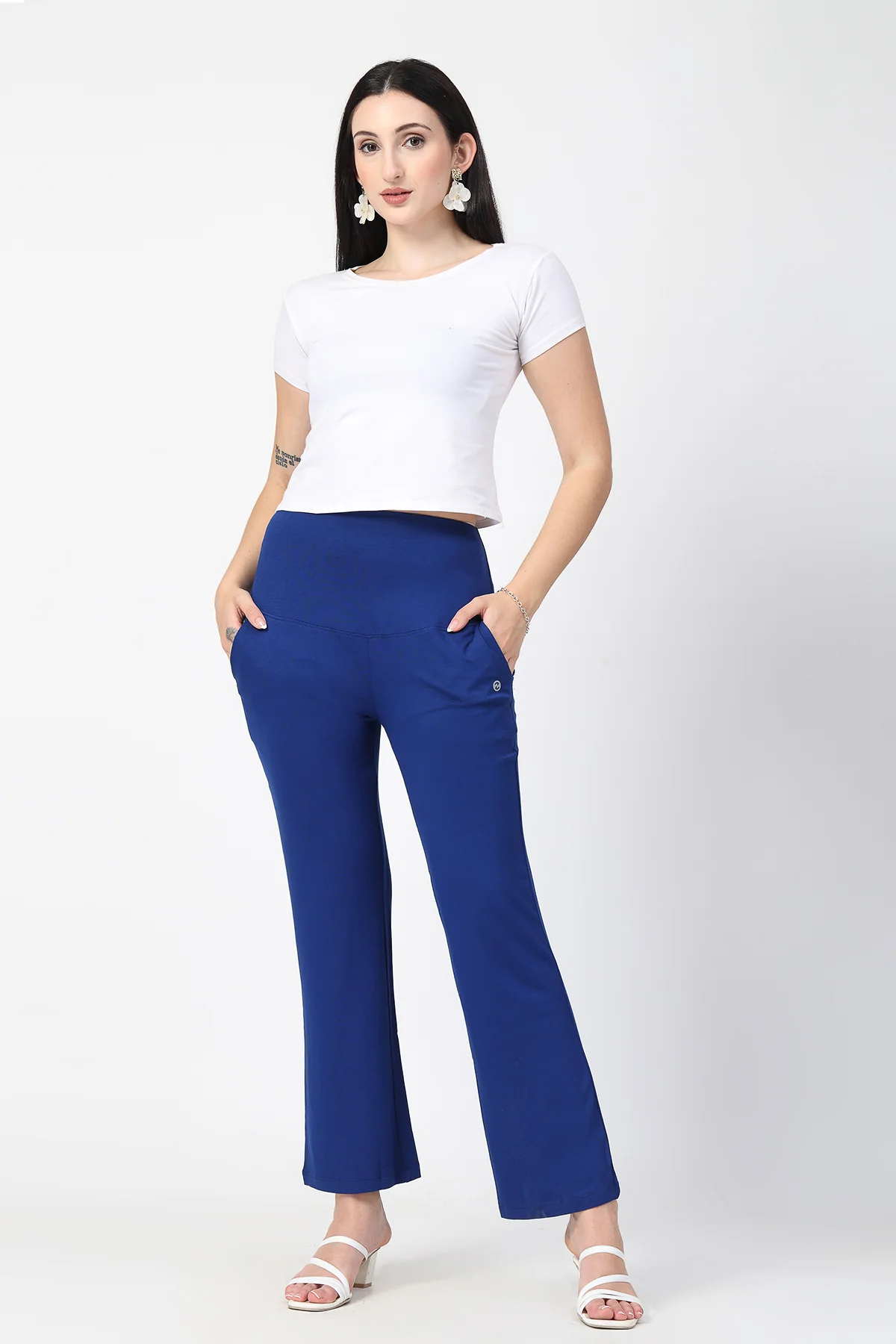 Flared High Waist Maternity Pants with Pockets - Royal Blue - Image 7
