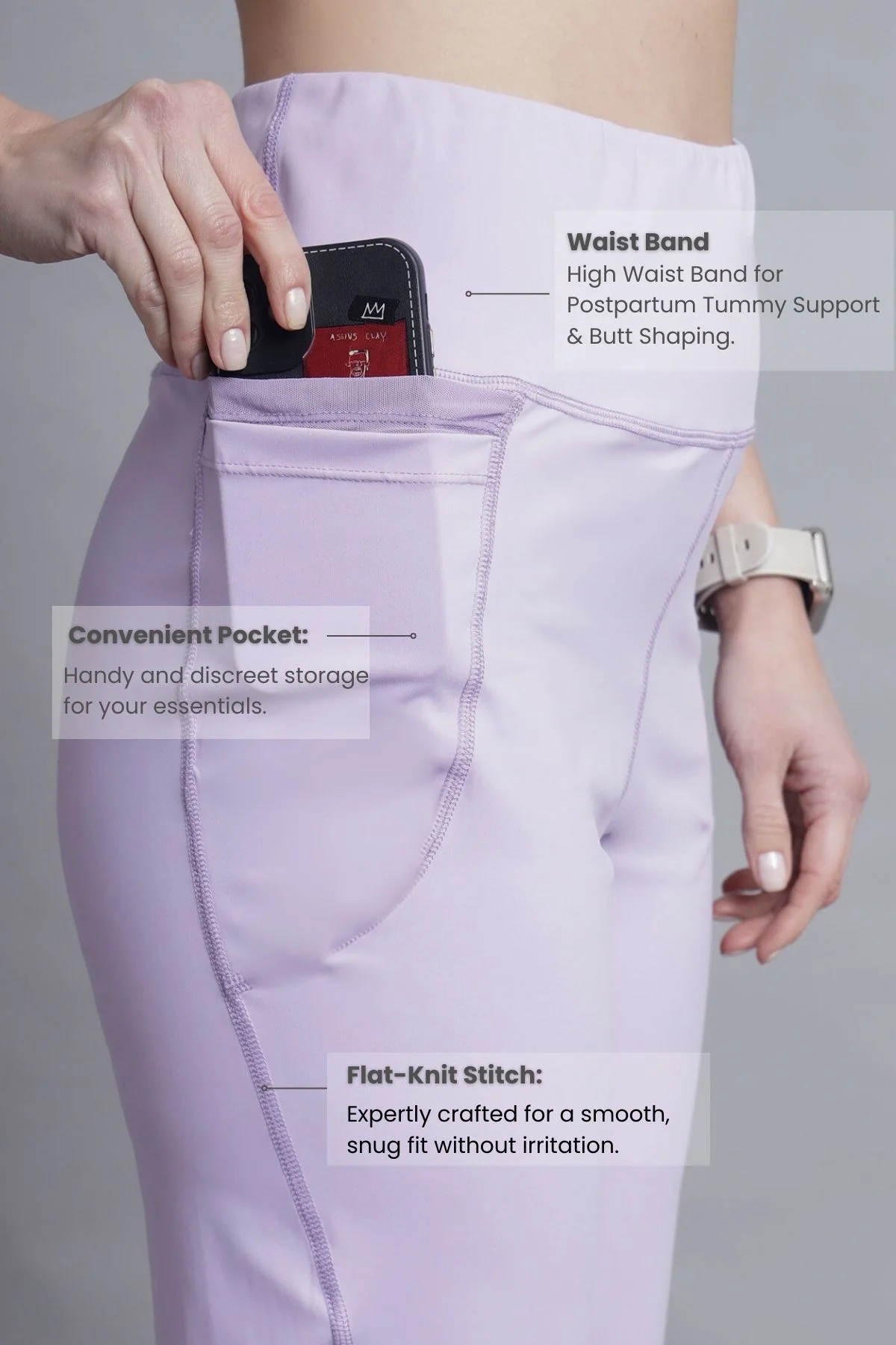 High Waisted Gentle Compression Lavender Postpartum Pants - Image 3