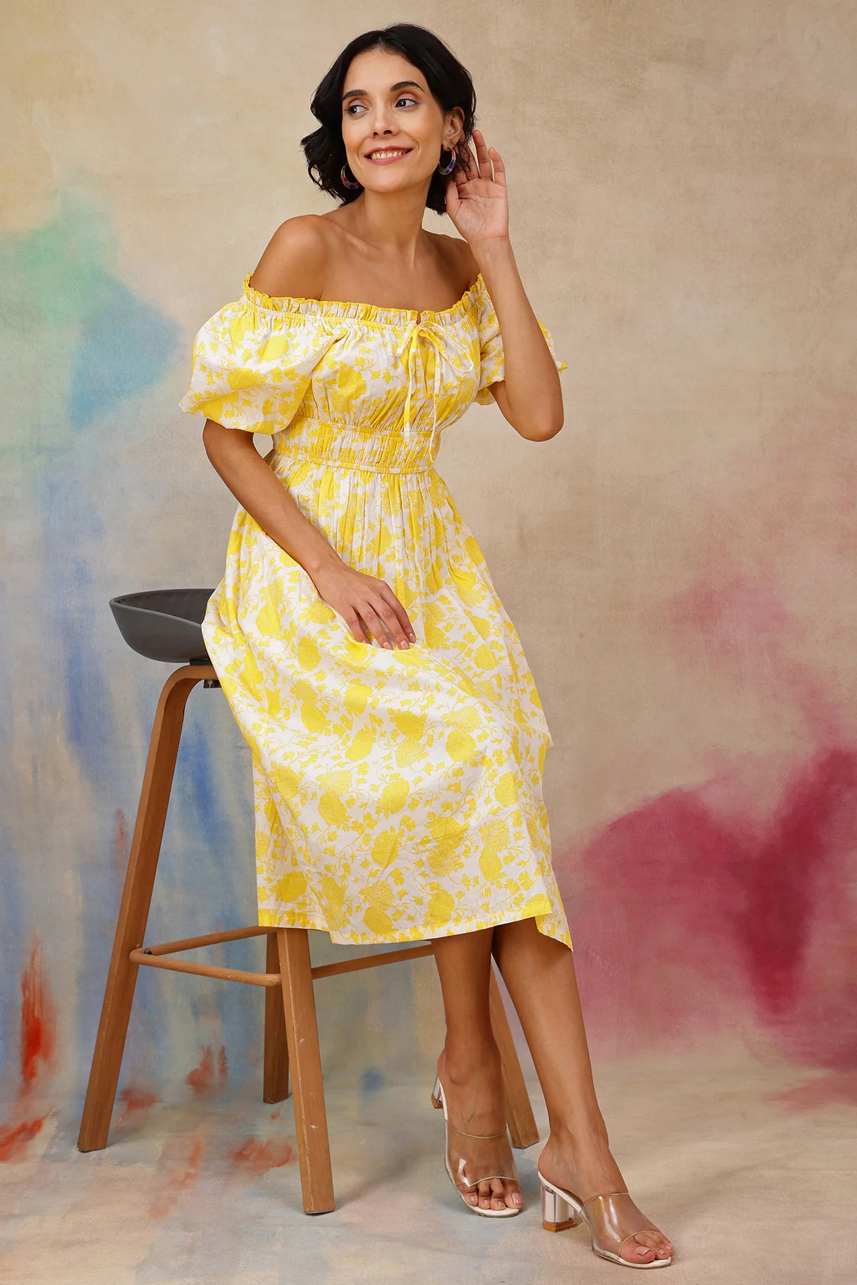 Floral Cotton Midi Dress with Zipless Feeding - Yellow - Image 3