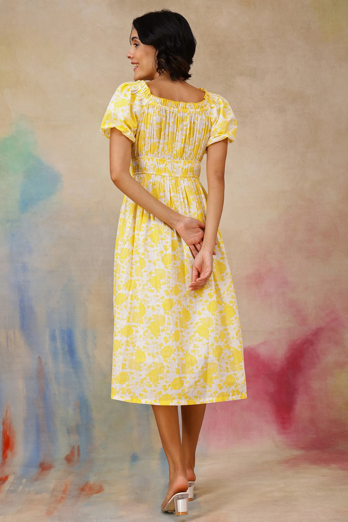 Floral Cotton Midi Dress with Zipless Feeding - Yellow - Image 4