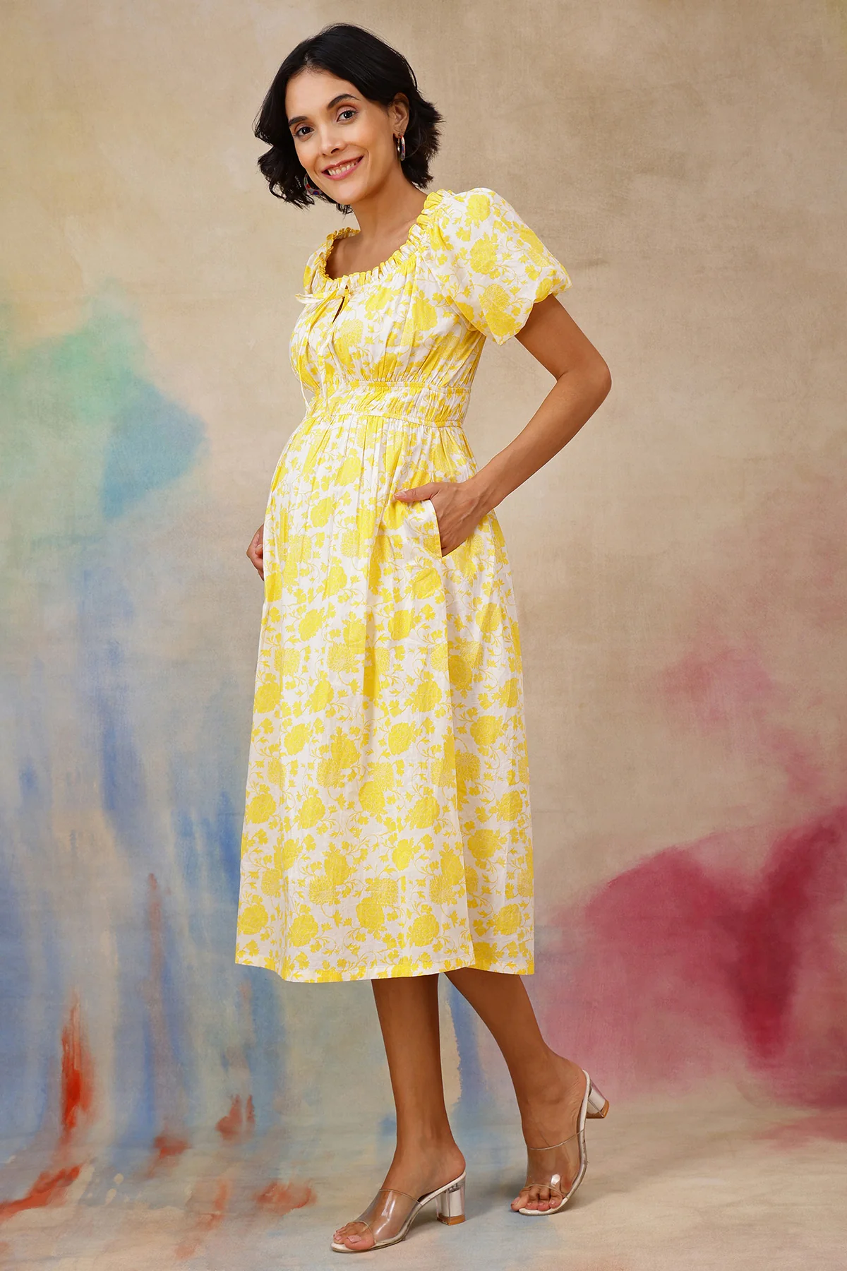 Floral Cotton Midi Dress with Zipless Feeding - Yellow - Image 5