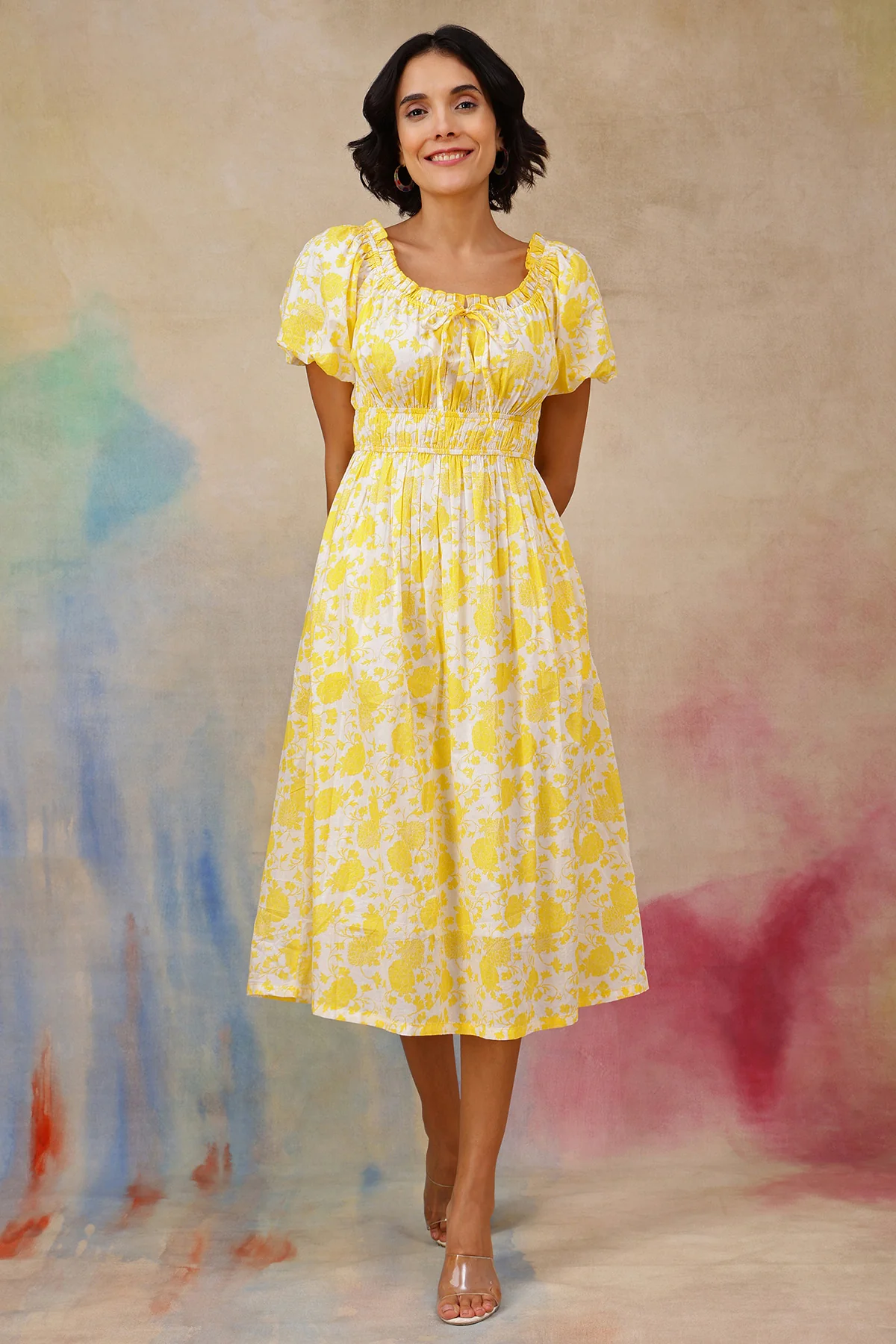 Floral Cotton Midi Dress with Zipless Feeding - Yellow - Image 6
