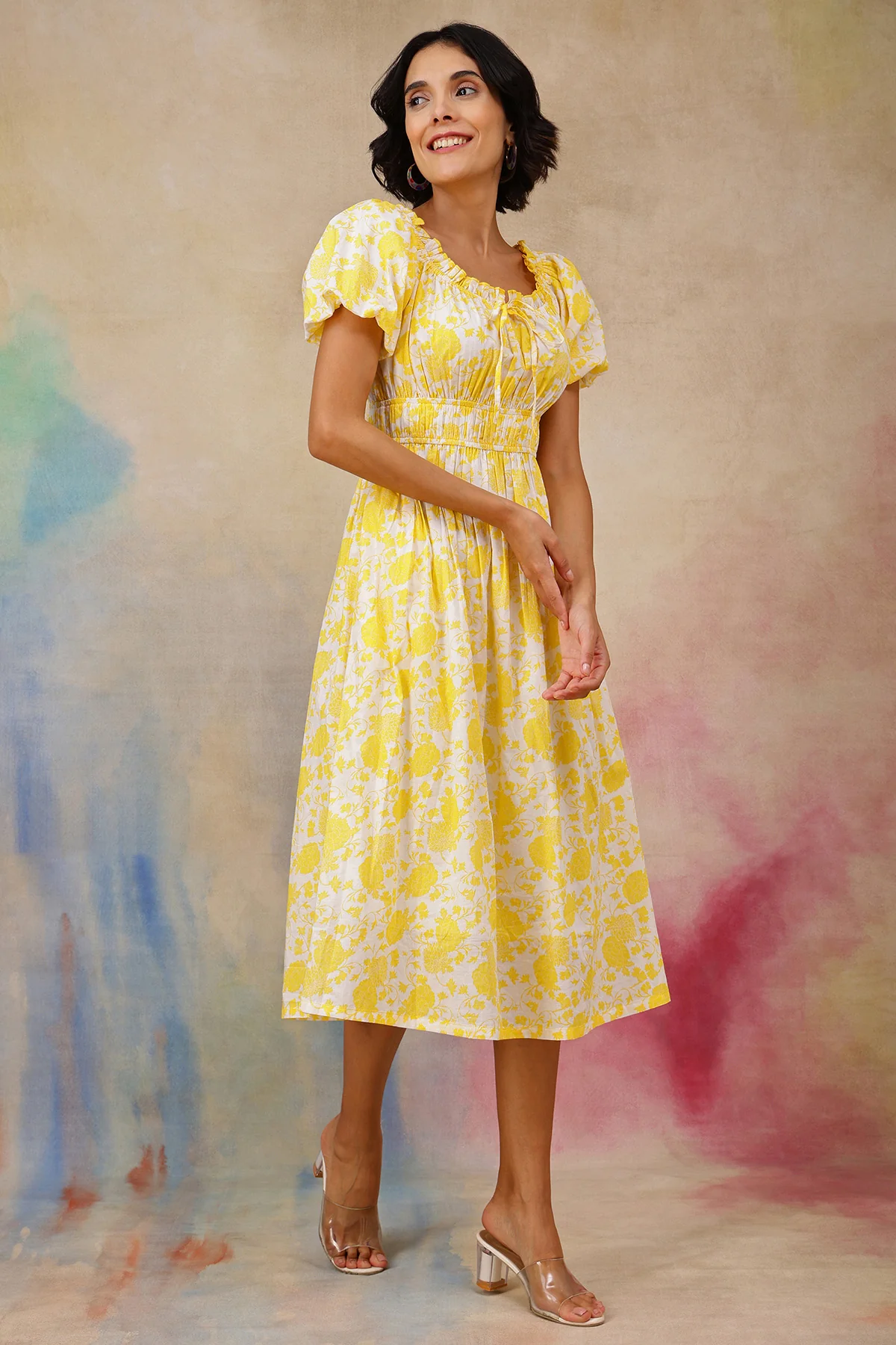 Floral Cotton Midi Dress with Zipless Feeding - Yellow - Image 7