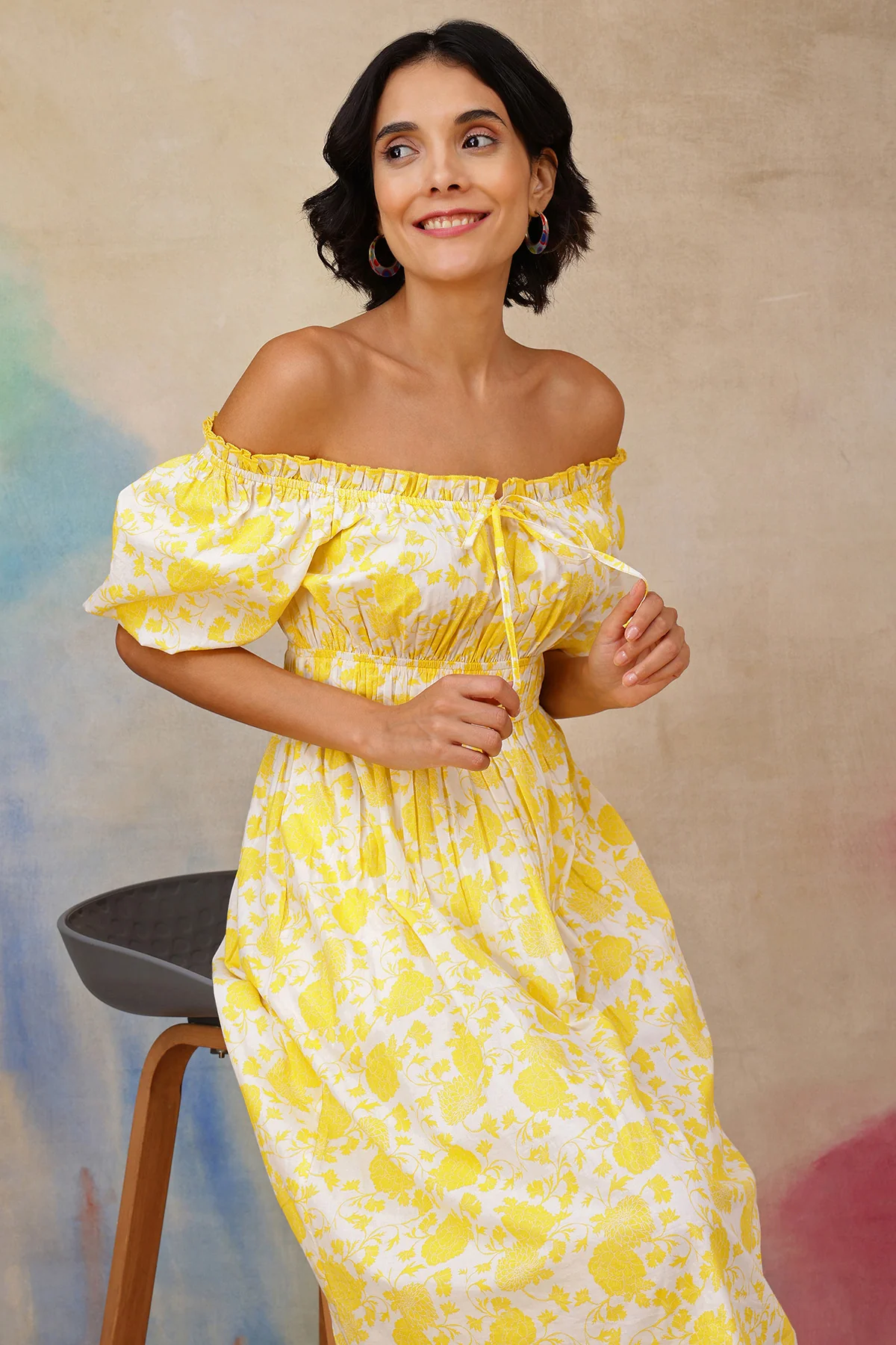 Floral Cotton Midi Dress with Zipless Feeding - Yellow - Image 8