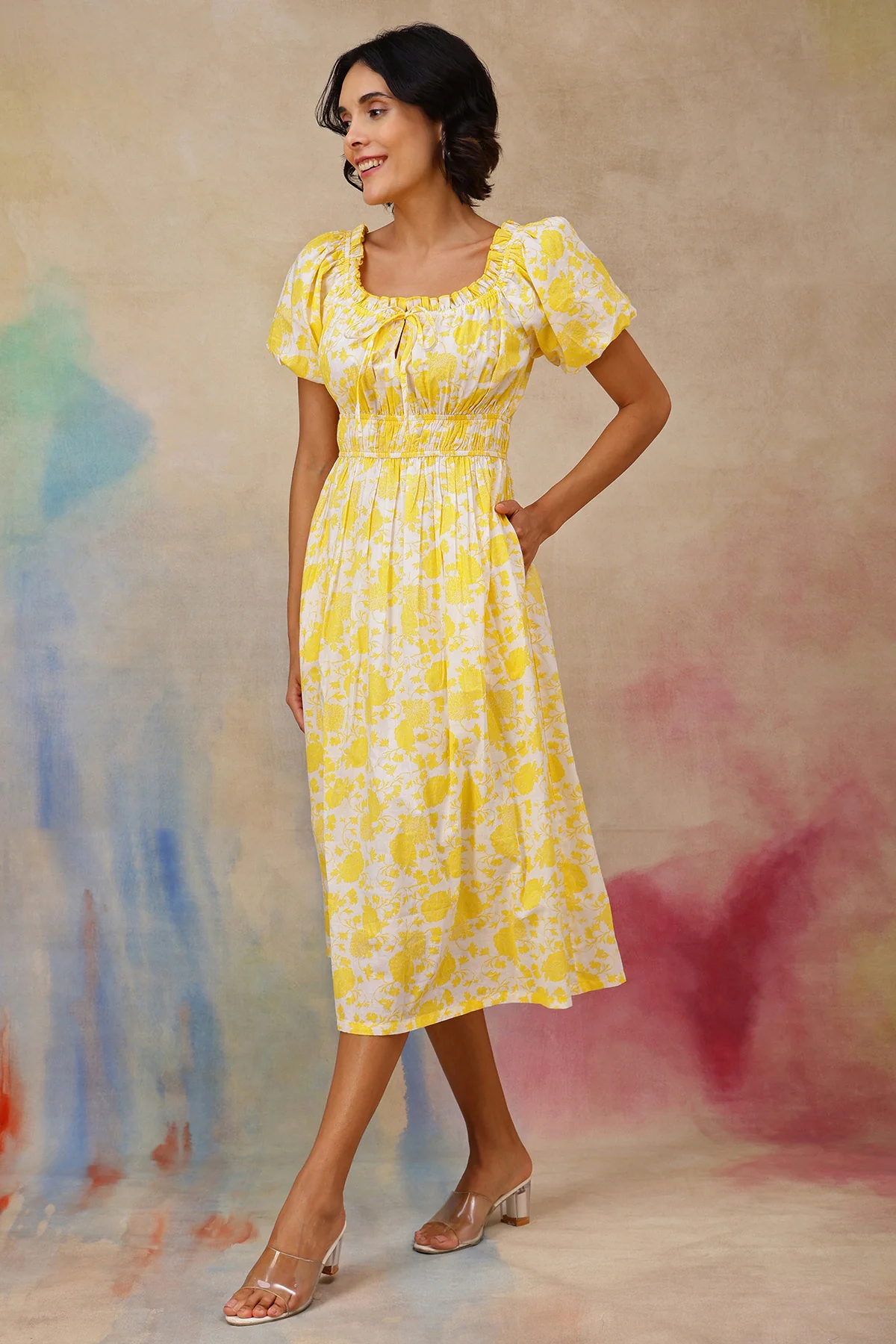 Floral Cotton Midi Dress with Zipless Feeding - Yellow - Image 9