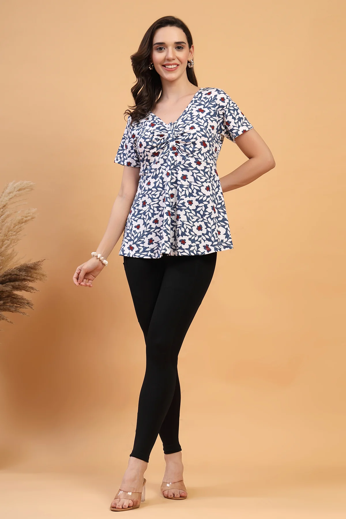 Floral Maternity Top for Zipless Feeding - Navy - Image 13