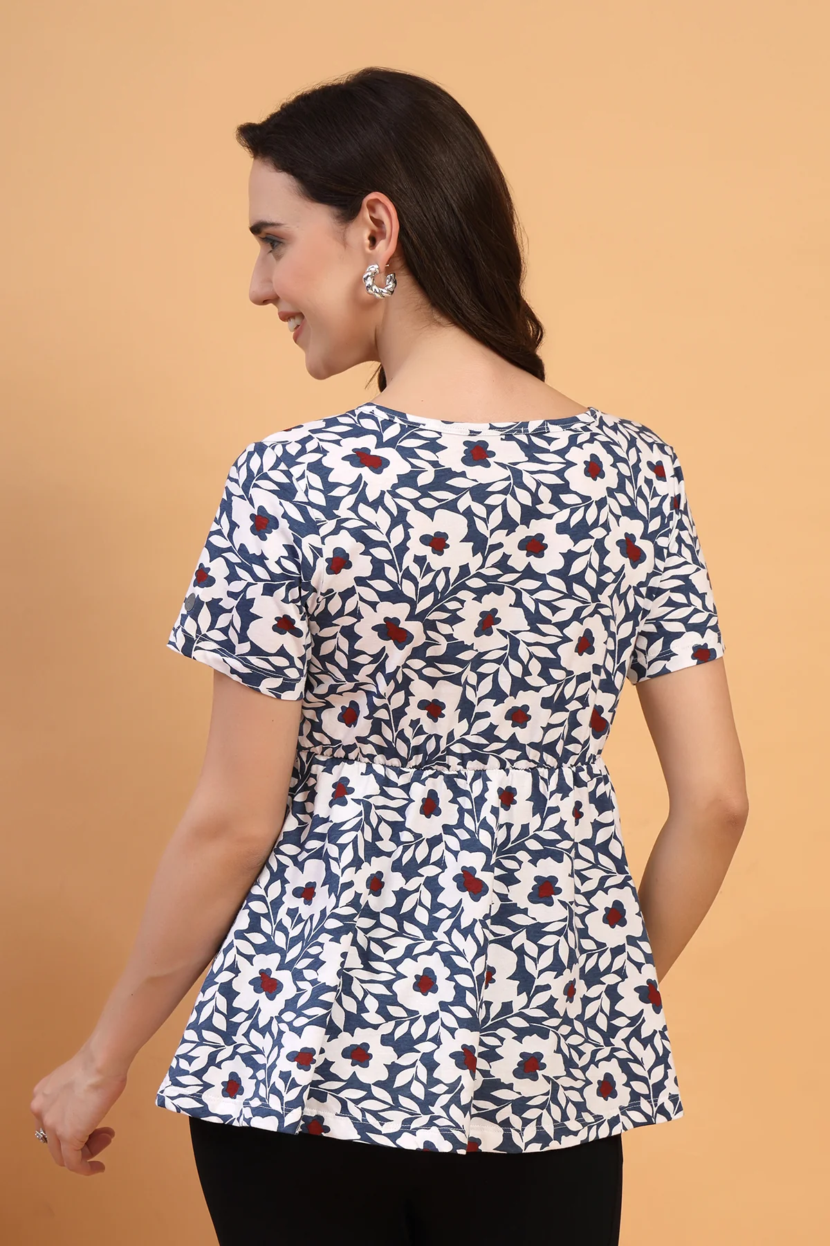 Floral Maternity Top for Zipless Feeding - Navy - Image 3