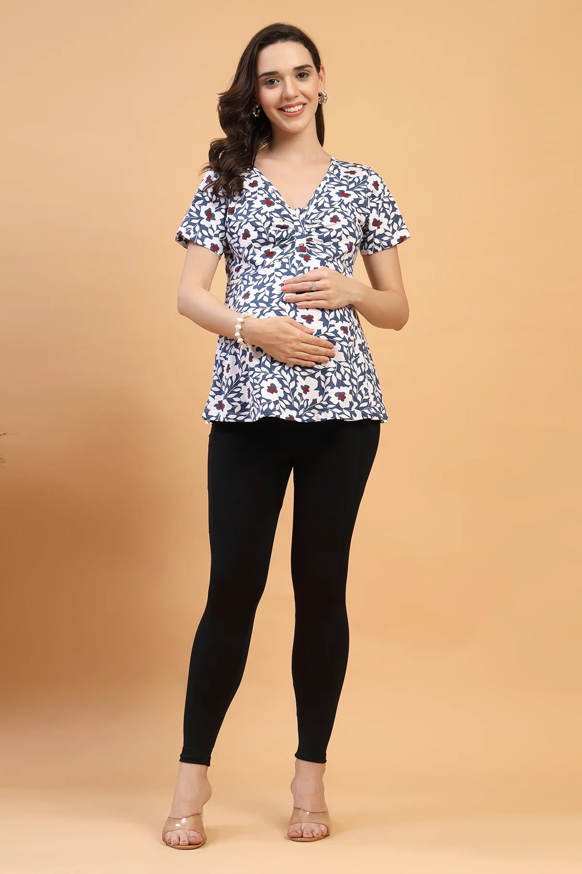 Floral Maternity Top for Zipless Feeding - Navy - Image 4