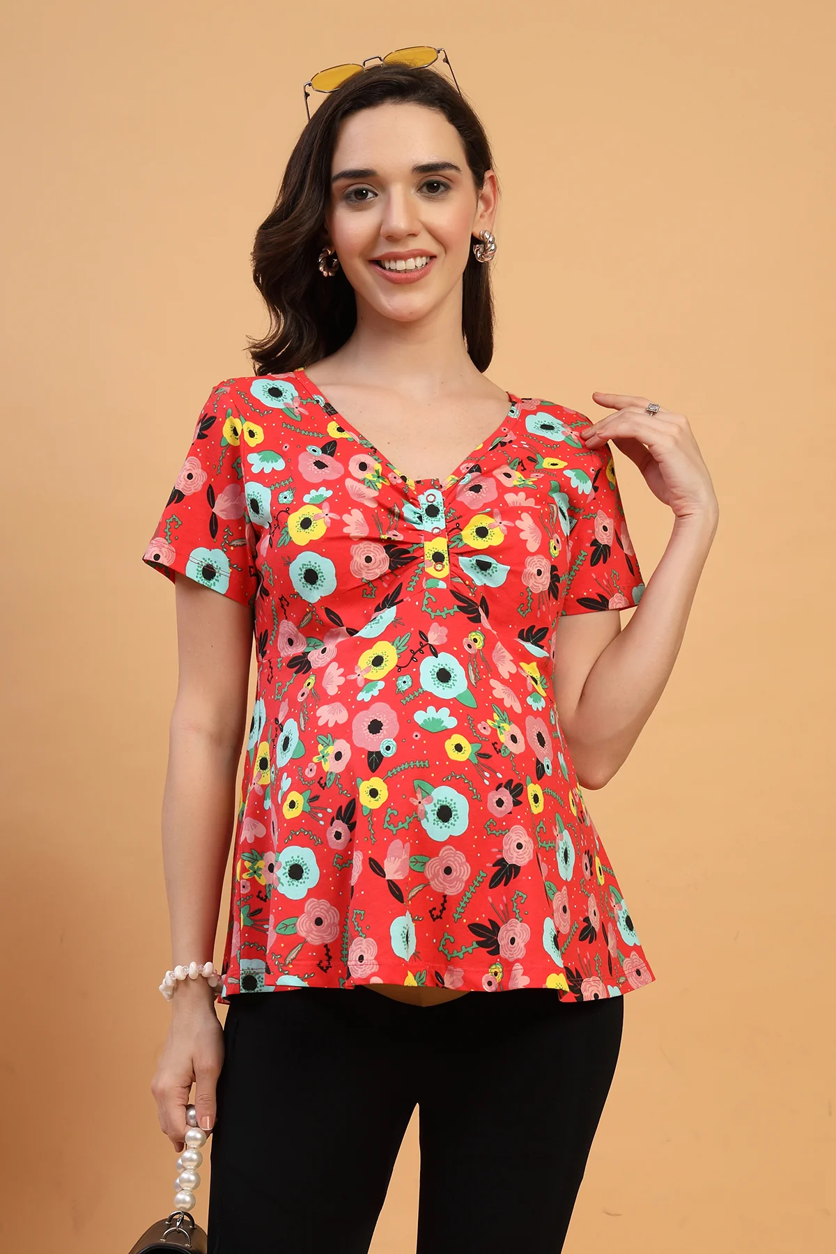 Floral Maternity Top for Zipless Feeding - Red - Image 13