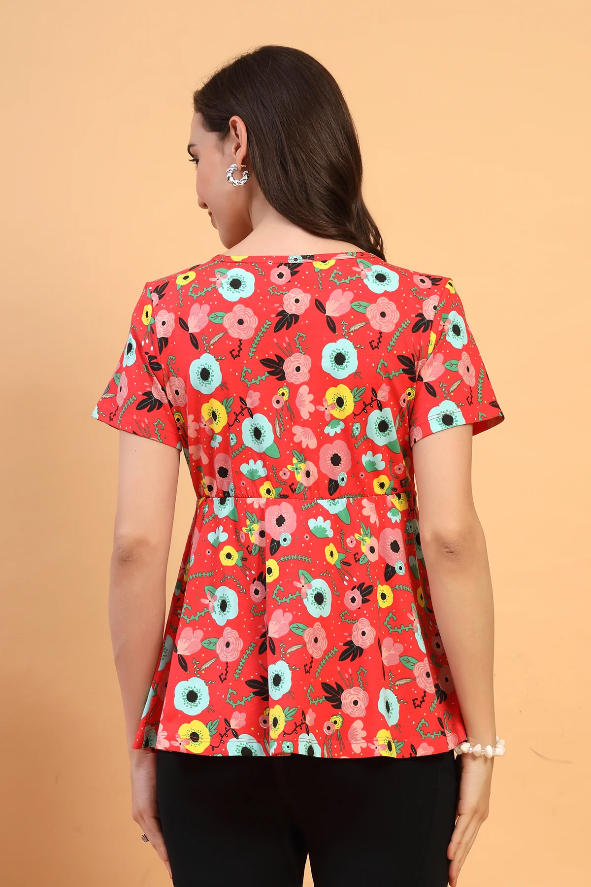 Floral Maternity Top for Zipless Feeding - Red - Image 3