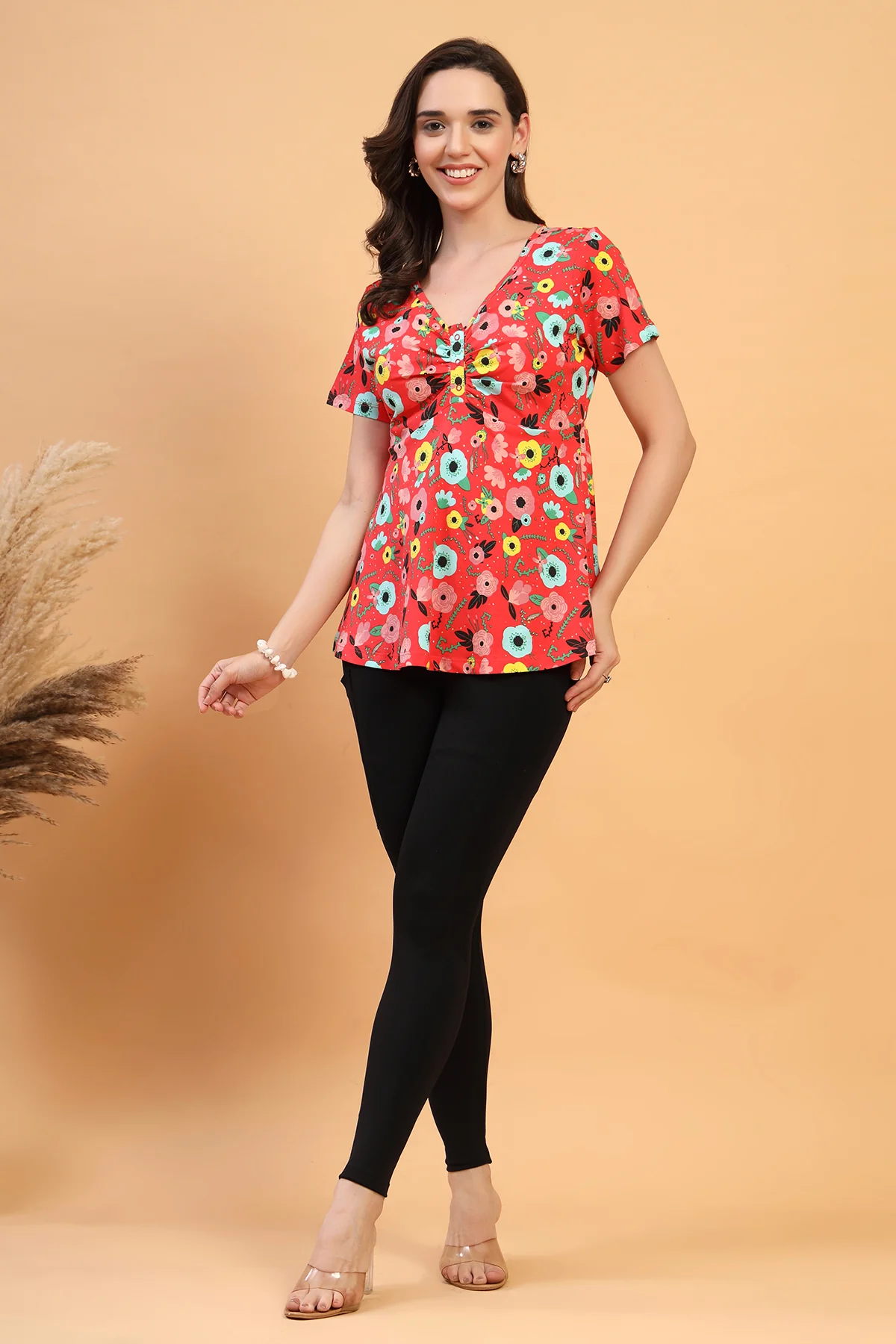 Floral Maternity Top for Zipless Feeding - Red - Image 4