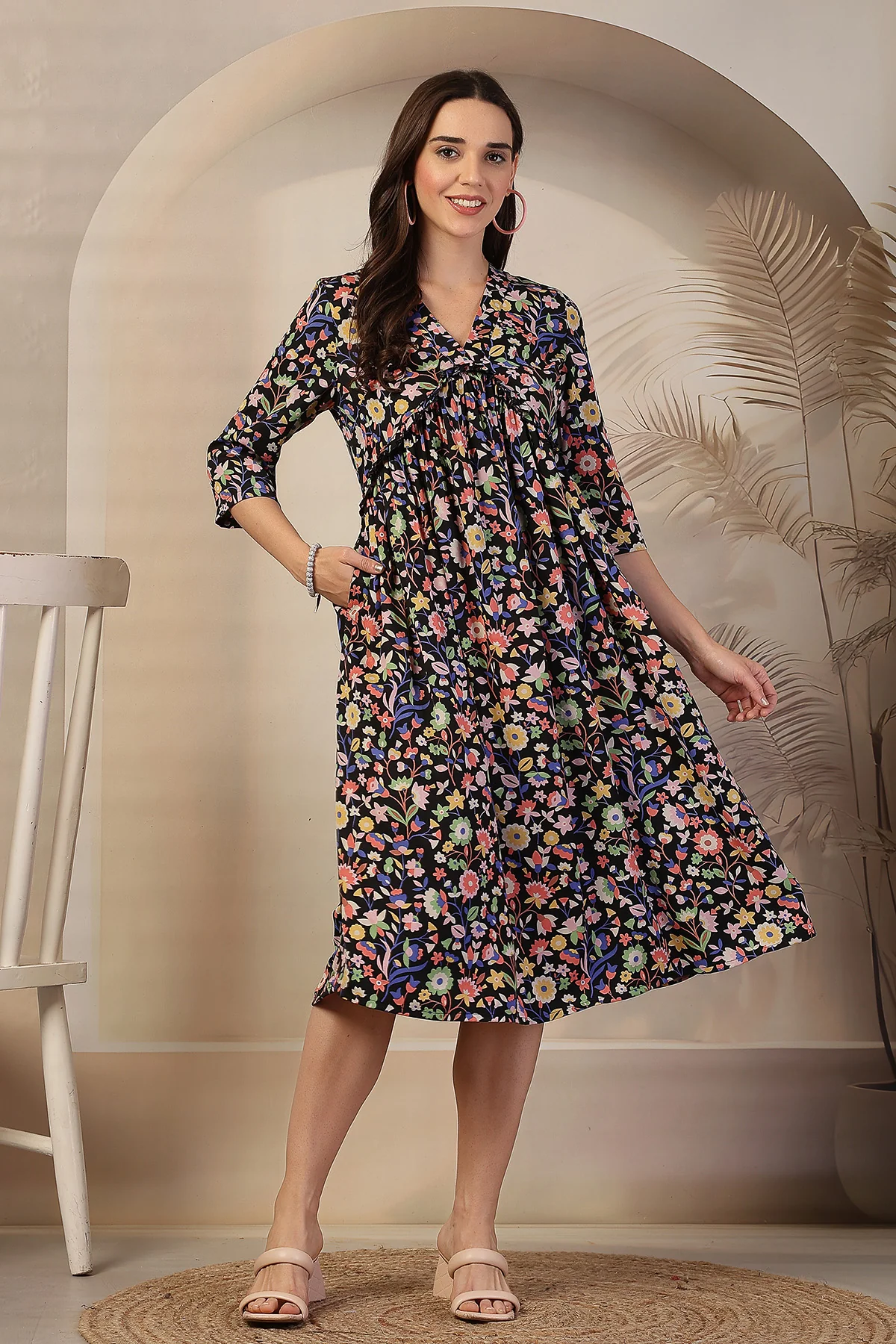 Floral Printed Maternity Concealed Zip Feeding Dress - Image 5