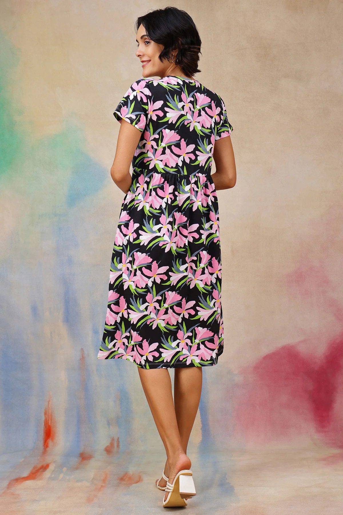 Floral Printed Maternity Zipless Feeding Dress - Image 3