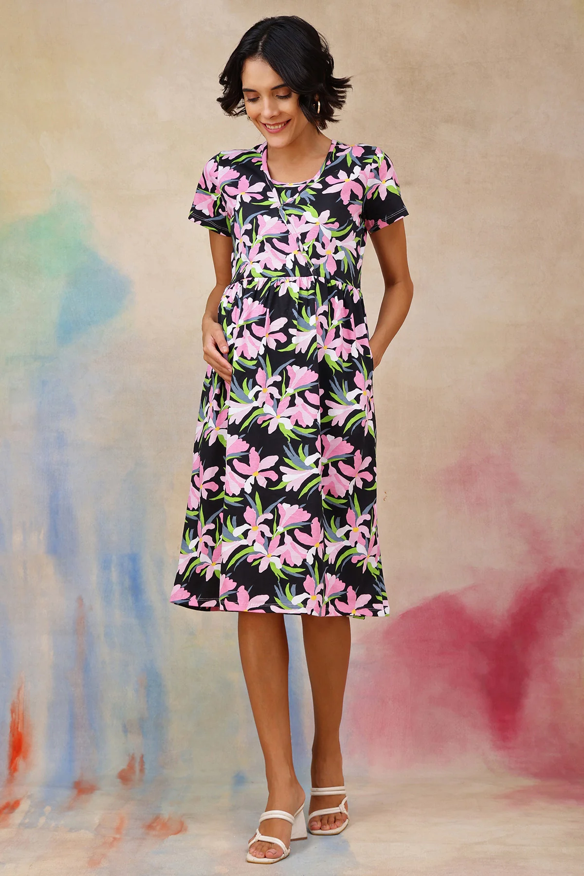 Floral Printed Maternity Zipless Feeding Dress - Image 4