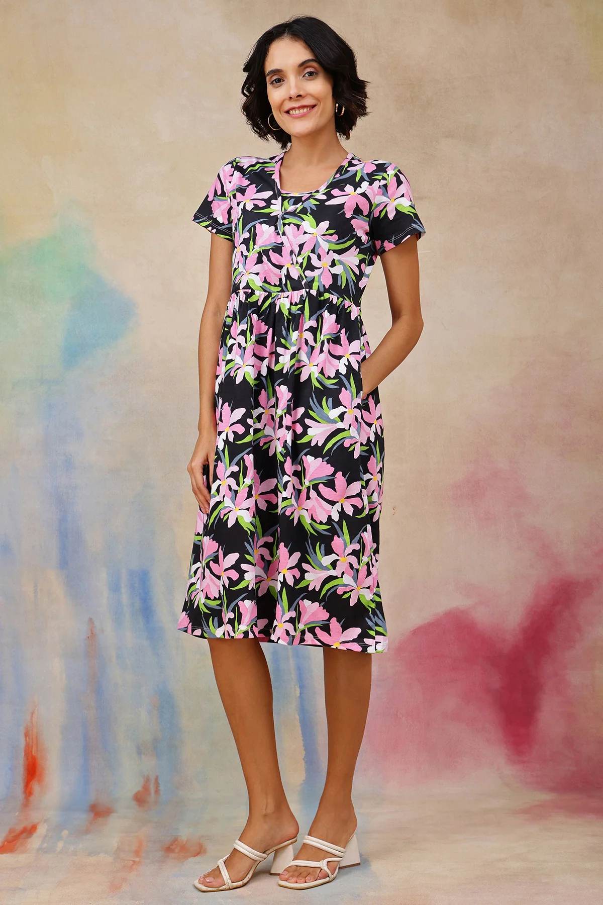 Floral Printed Maternity Zipless Feeding Dress - Image 8