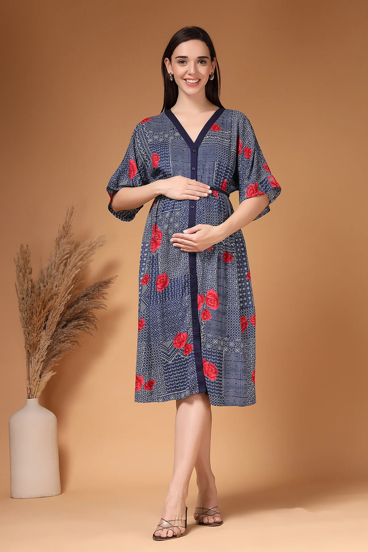 Floral Printed Rayon Zipless Feeding Maternity Dress - Navy - Image 10