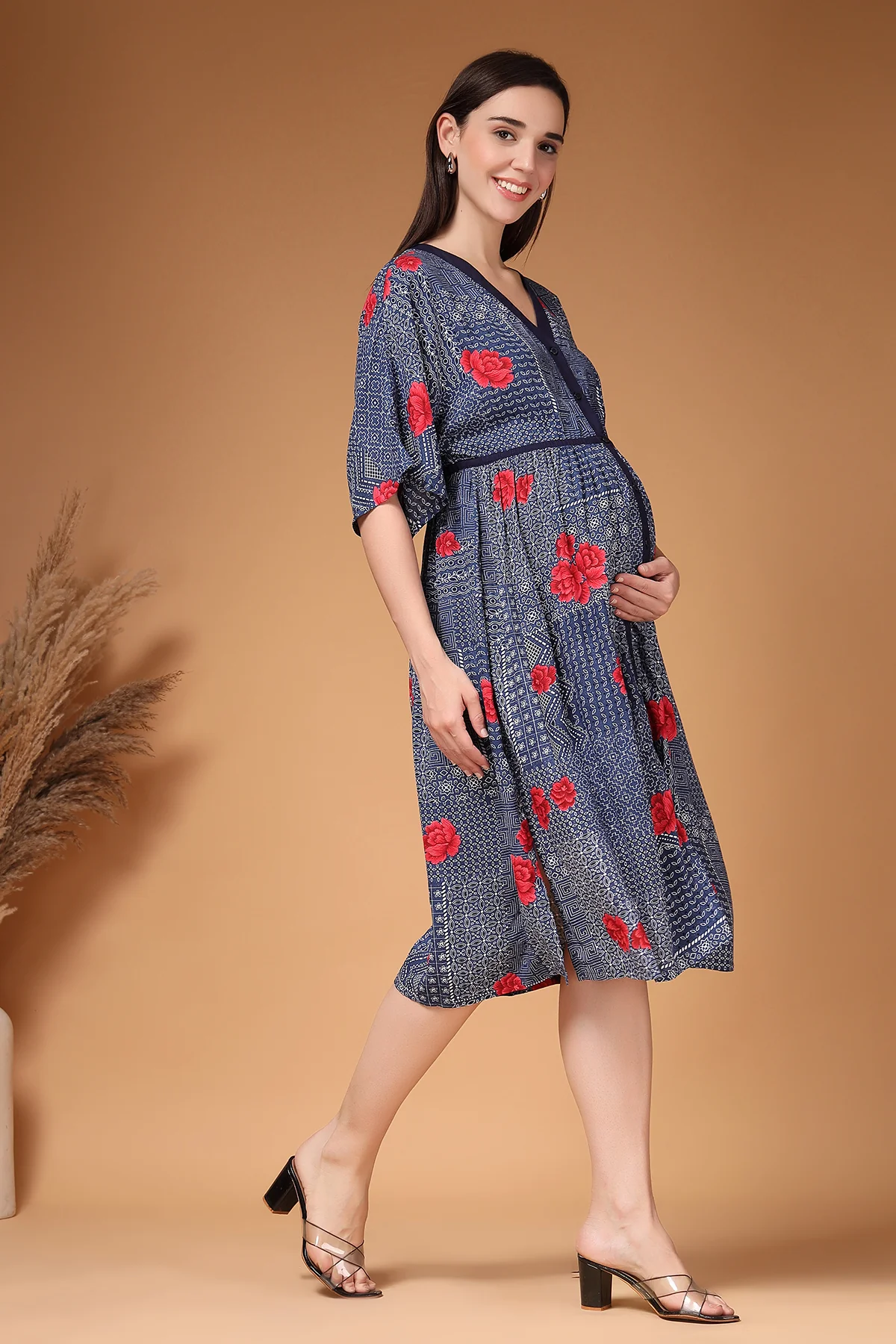 Floral Printed Rayon Zipless Feeding Maternity Dress - Navy - Image 11