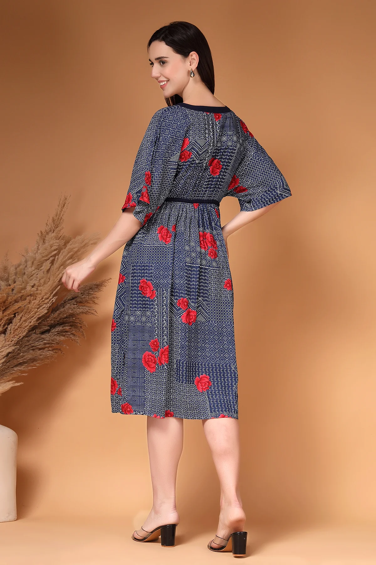 Floral Printed Rayon Zipless Feeding Maternity Dress - Navy - Image 3