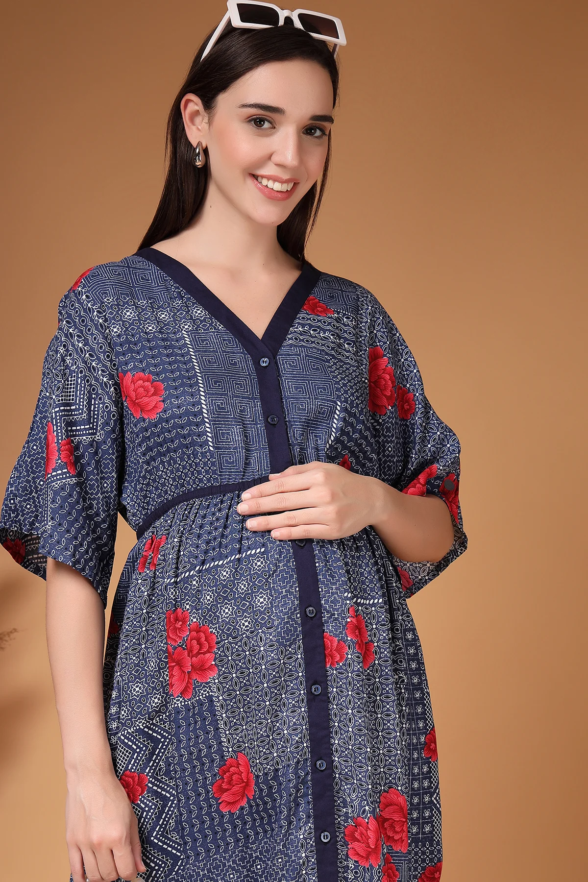 Floral Printed Rayon Zipless Feeding Maternity Dress - Navy - Image 4