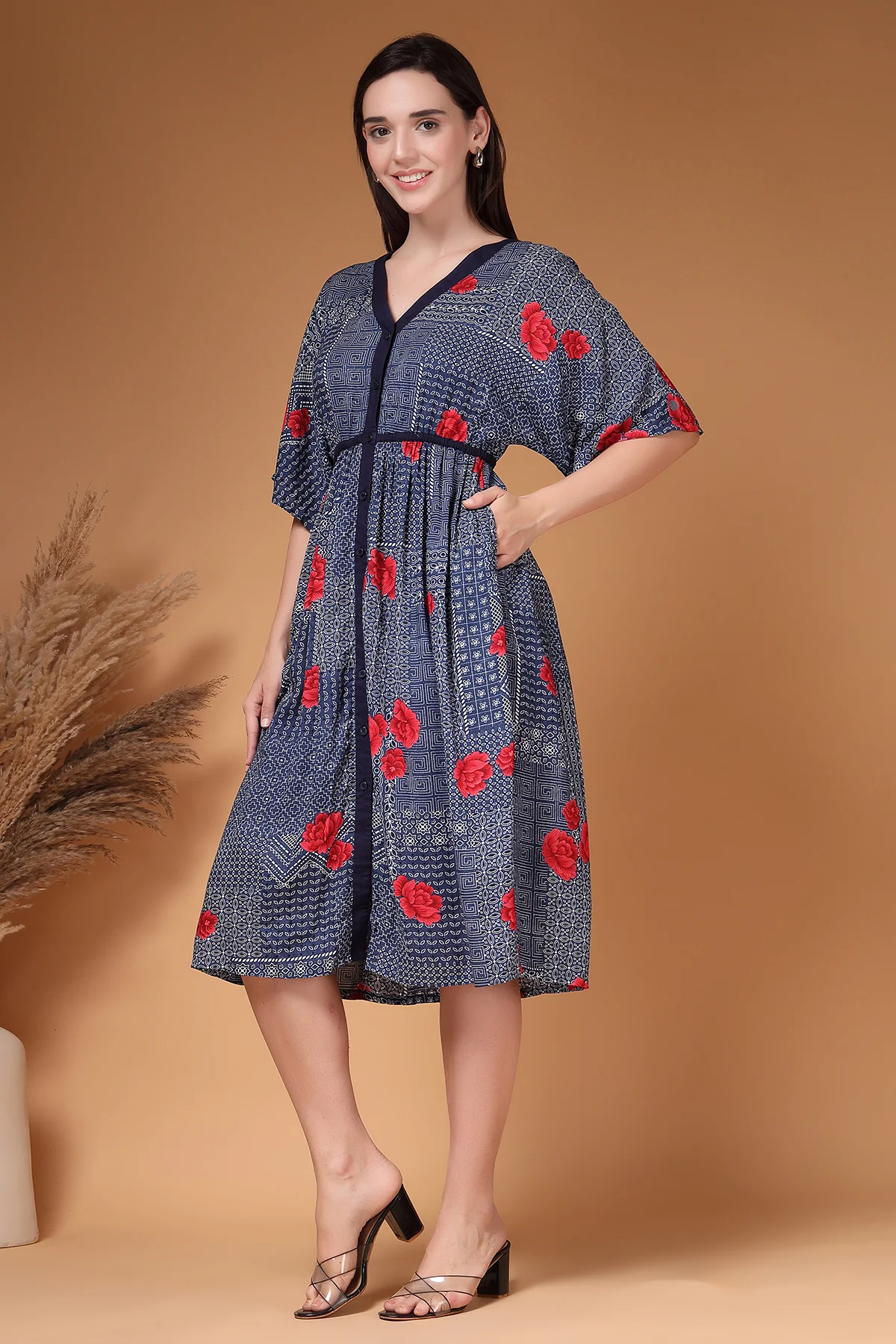 Floral Printed Rayon Zipless Feeding Maternity Dress - Navy - Image 5