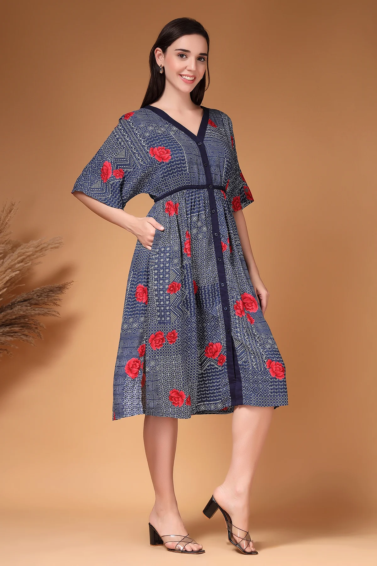 Floral Printed Rayon Zipless Feeding Maternity Dress - Navy - Image 6