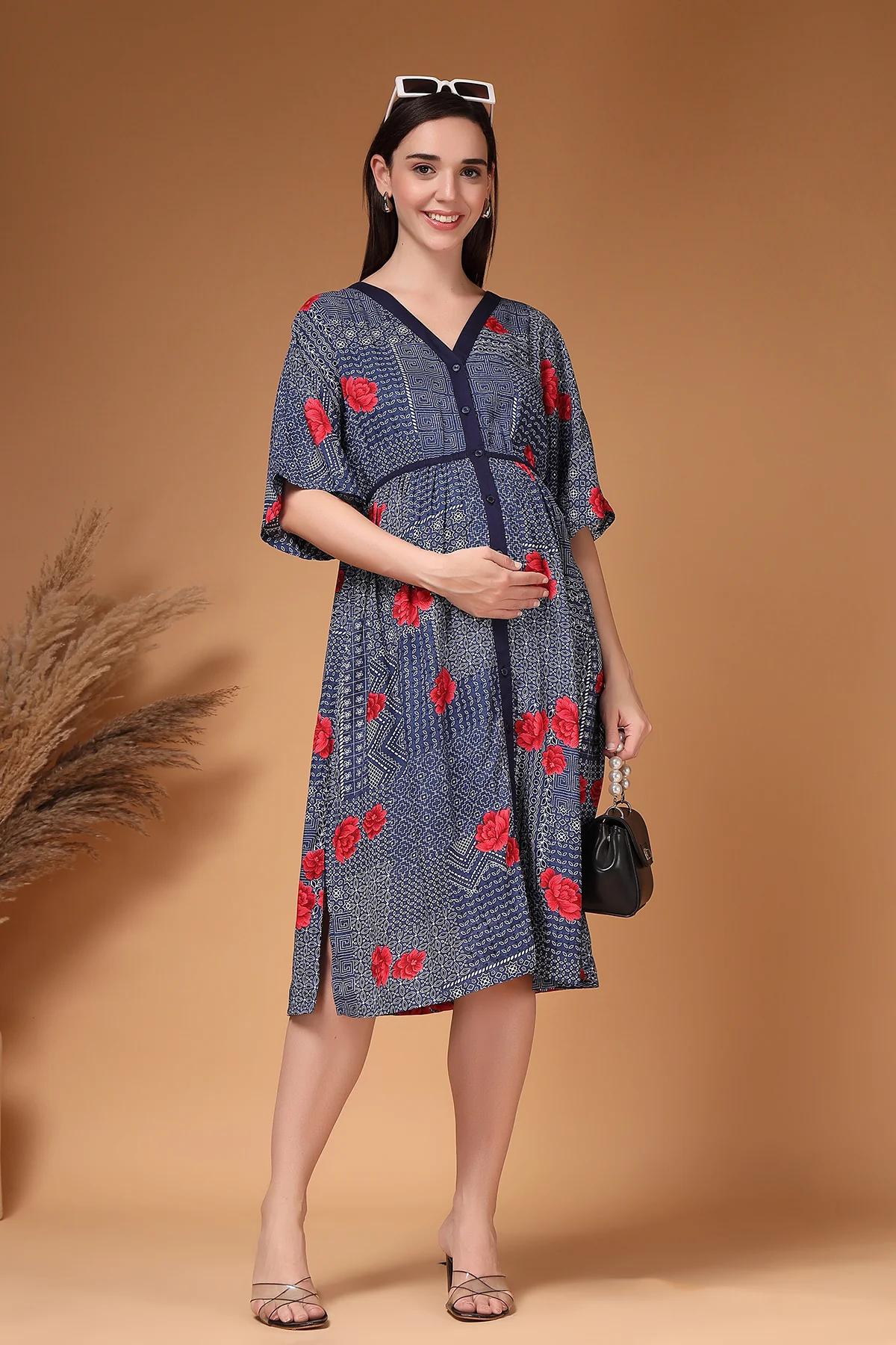 Floral Printed Rayon Zipless Feeding Maternity Dress - Navy - Image 7