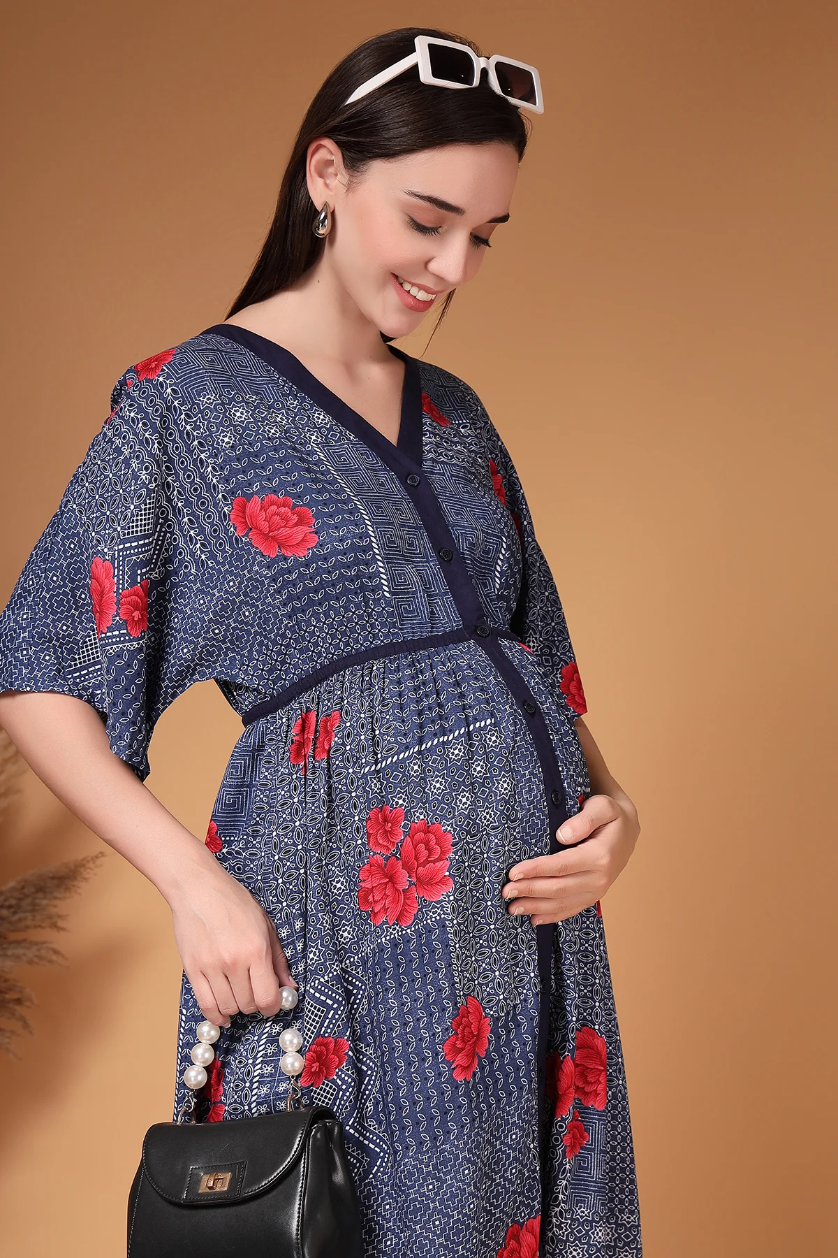 Floral Printed Rayon Zipless Feeding Maternity Dress - Navy - Image 8