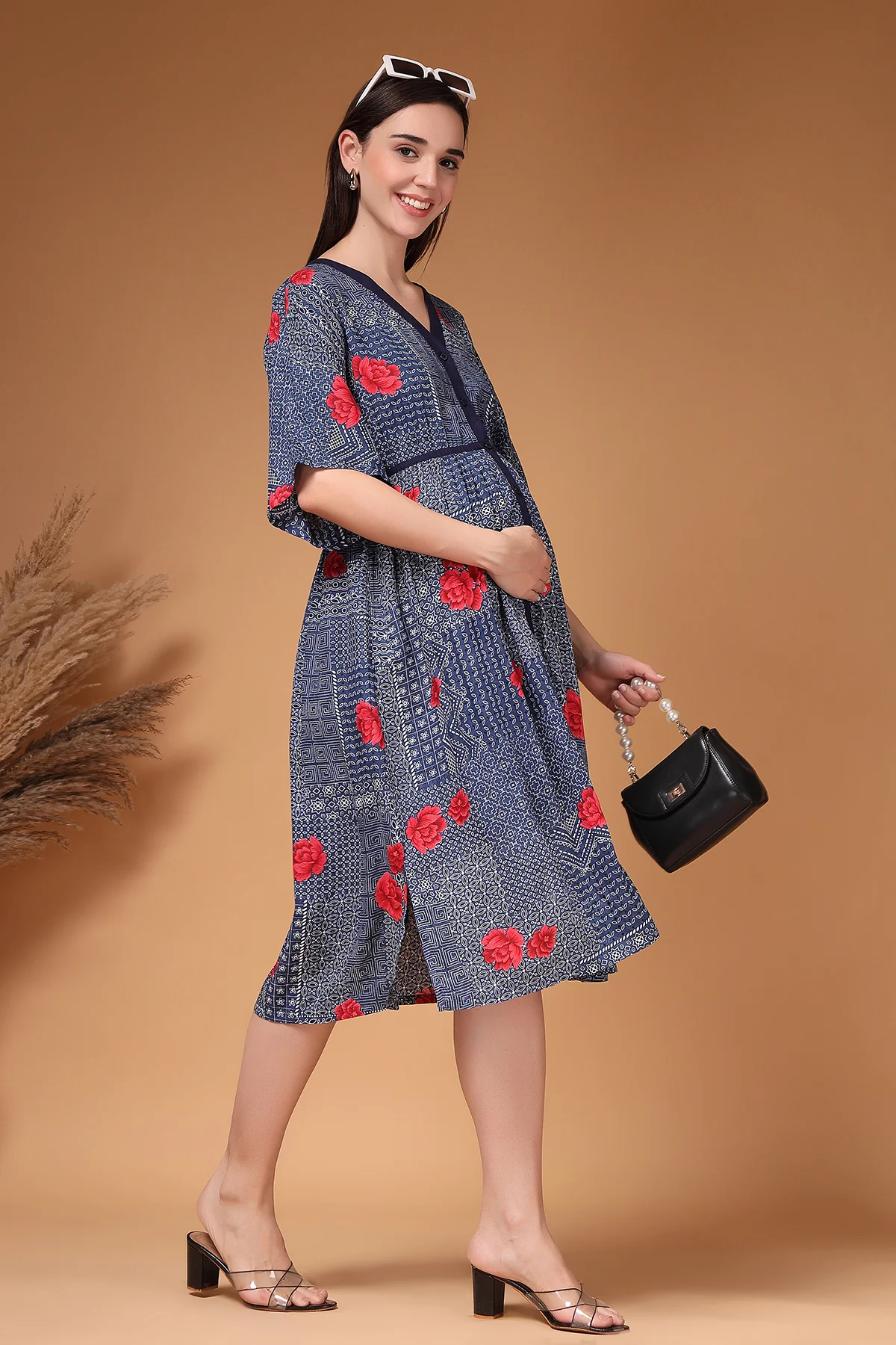Floral Printed Rayon Zipless Feeding Maternity Dress - Navy - Image 9