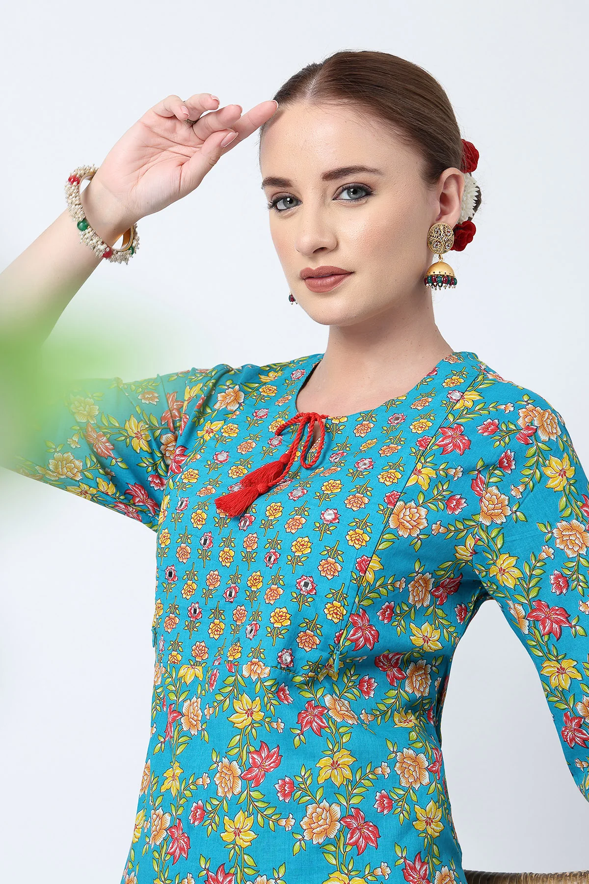 Floral Printed Zip Feeding Cotton Kurta-Pant Set - Deep Blue - Image 10